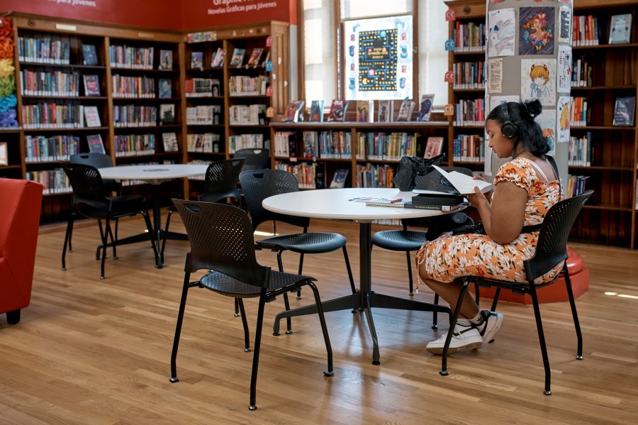 -A woman spends time at a library during a hot day, Friday, June 21, 2024, in the Bronx Borough of New York. Tens of millions of Americans are facing major heat waves, with temperatures consistently exceeding 90 degrees (32 degrees Celsius).(AP Photo/Andres Kudacki)