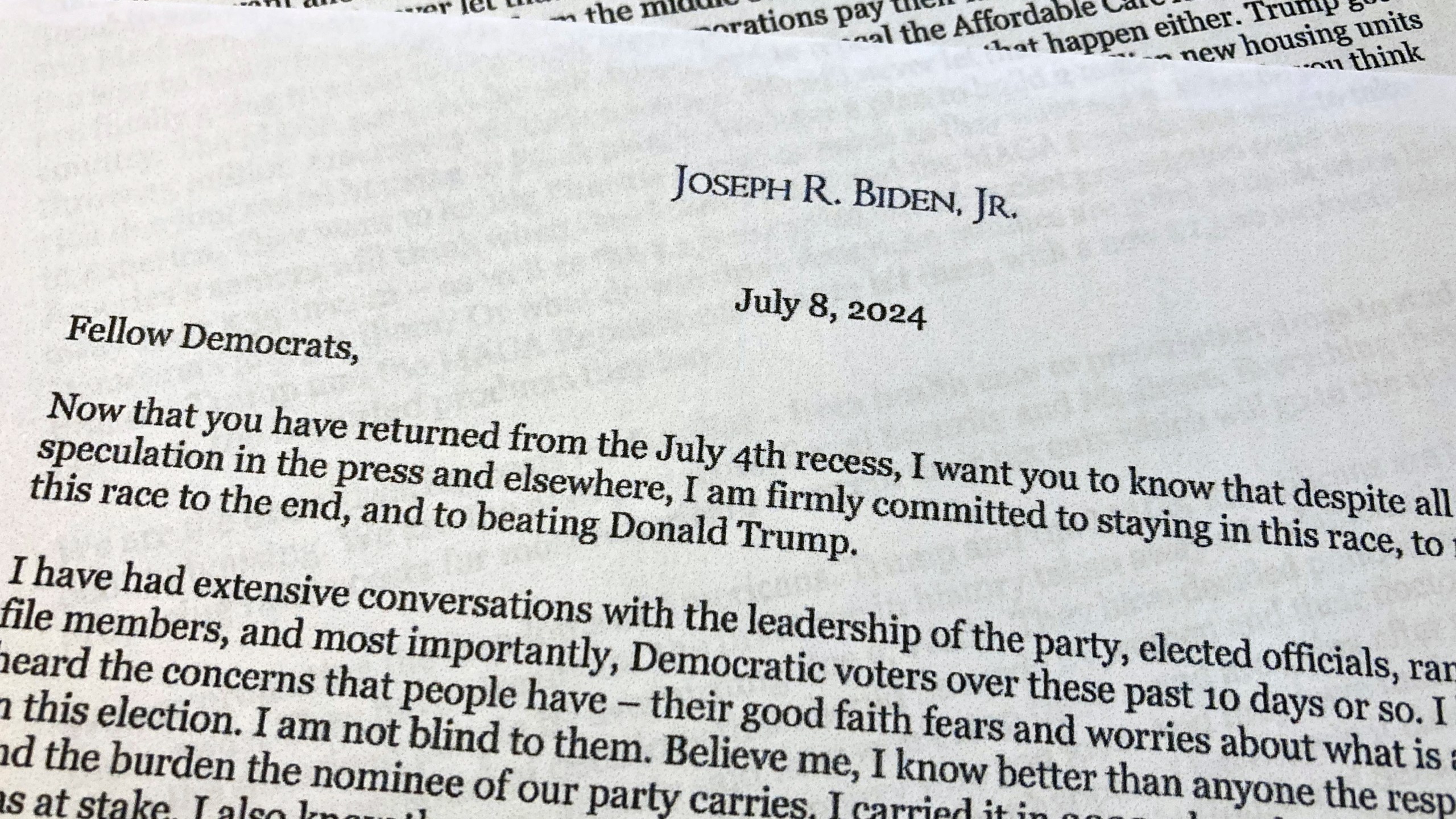 A letter that President Joe Biden sent to House Democrats telling them to support him in election, shown Monday, July 8, 2024 in Washington. Biden's letter to Democrats in Congress says he wants them to know he has no intention of exiting this year’s presidential race. Biden sent the letter on Monday on his personal letterhead, not White House stationery. (AP Photo)