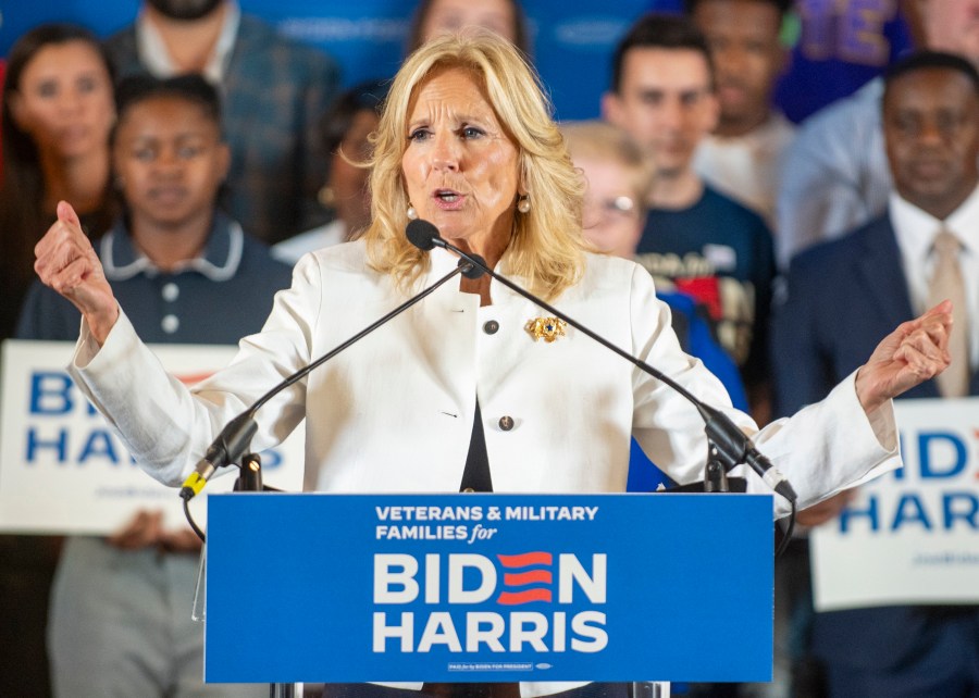 First lady Jill Biden speaks during an event at The American Legion Post 111 as she campaigns for her husband, President Joe Biden, on Monday, July 8, 2024, in Seminole Heights, Fla. (Dylan Townsend/Tampa Bay Times via AP)