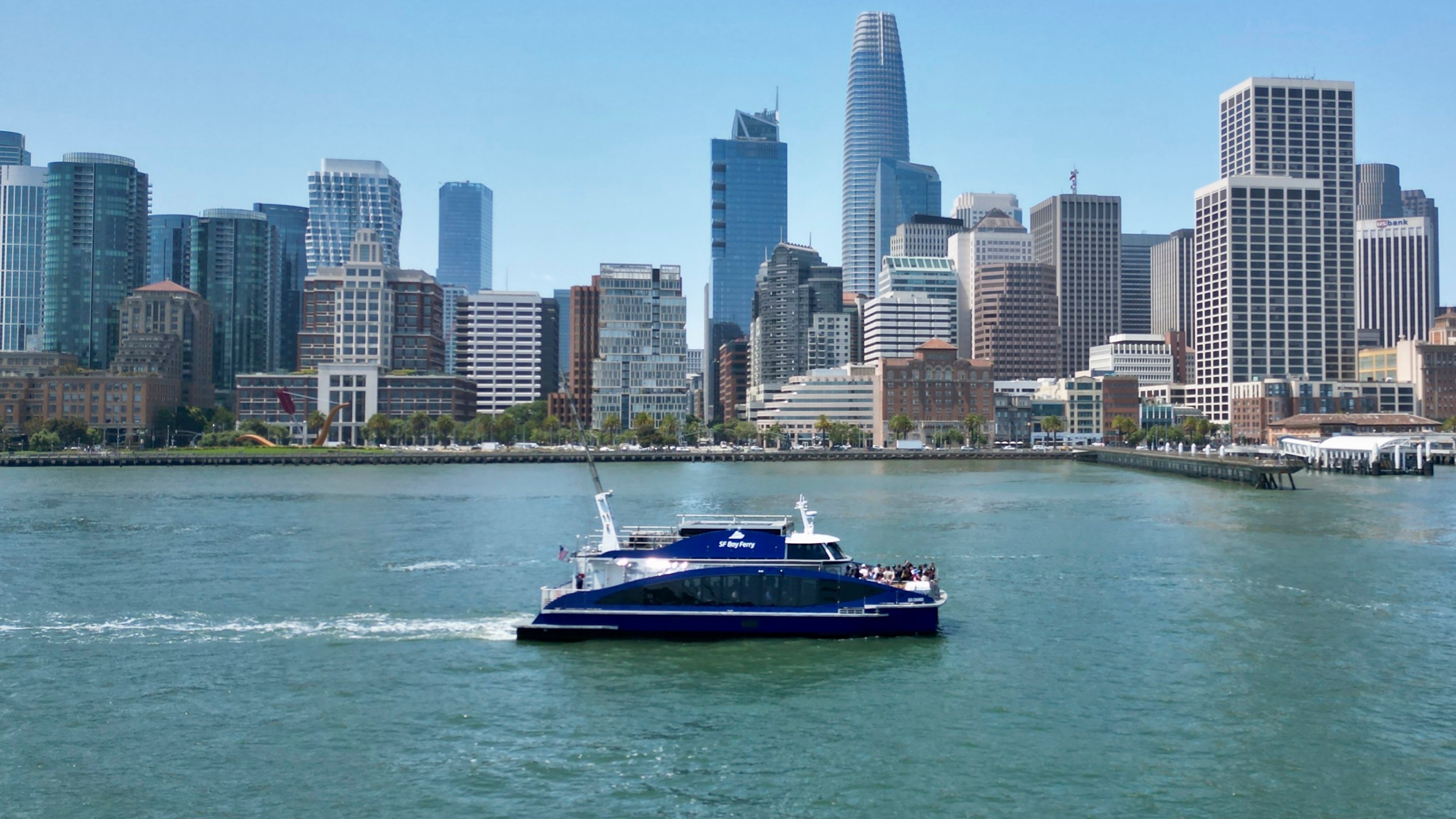 The MV Sea Change, the first commercial passenger ferry powered by hydrogen fuel cells, is seen on the water, Friday, July 12, 2024, in San Francisco. The MV Sea Change will begin offering free rides to the public along the San Francisco waterfront on Friday, July 19. (AP Photo/Terry Chea)