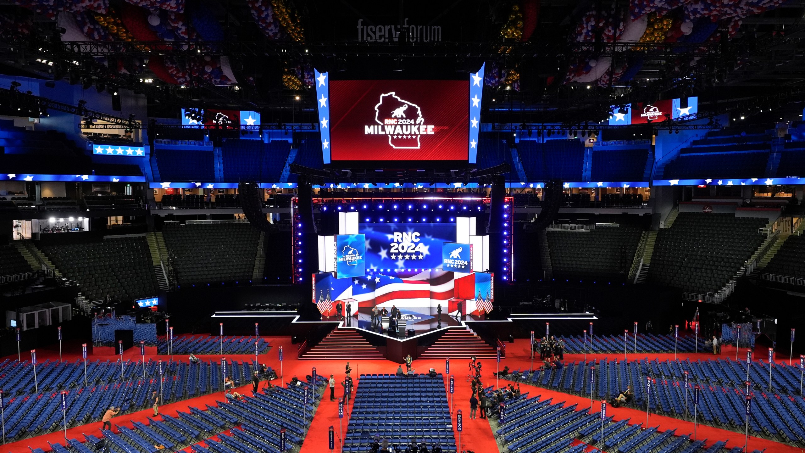 A general view during rehearsals at the 2024 Republican National Convention at the Fiserv Forum, Sunday, July 14, 2024, in Milwaukee. (AP Photo/Paul Sancya)