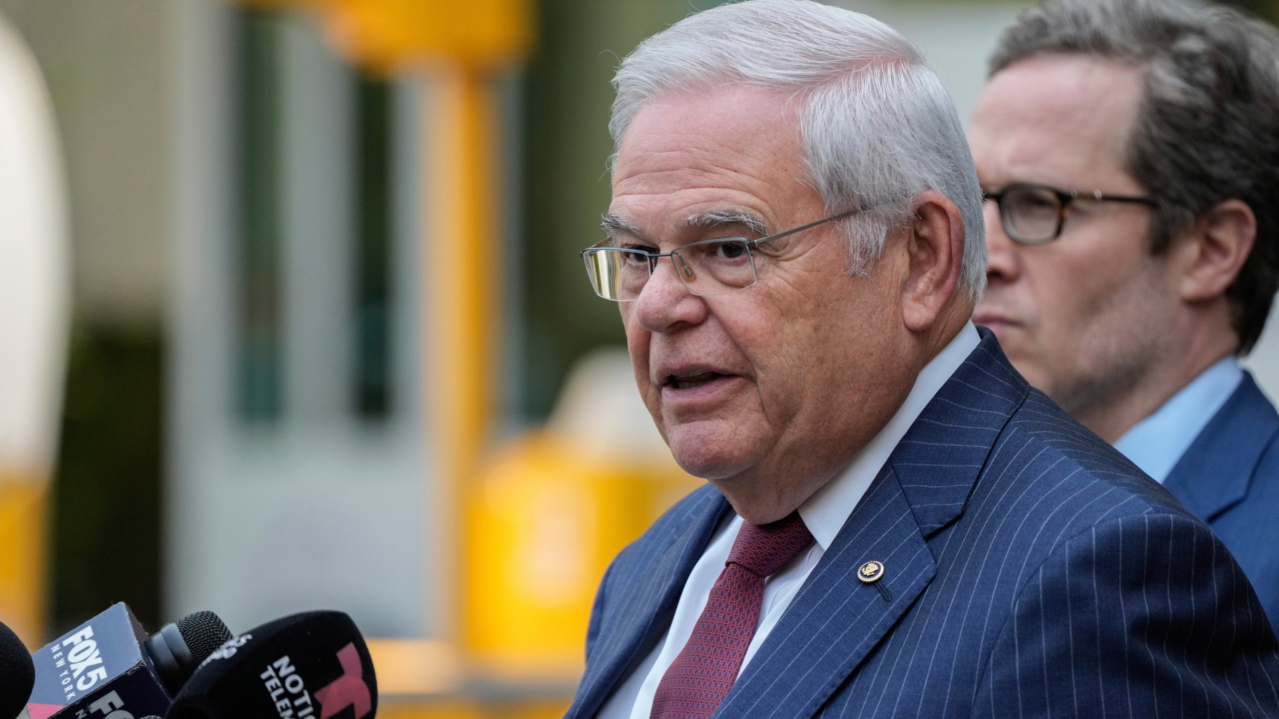 Sen. Bob Menendez, D-N.J., speaks to the media outside federal court, Tuesday, July 16, 2024, in New York. Menendez has been convicted of all the charges he faced at his corruption trial, including accepting bribes of gold and cash from three New Jersey businessmen and acting as a foreign agent for the Egyptian government. (AP Photo/Frank Franklin II)