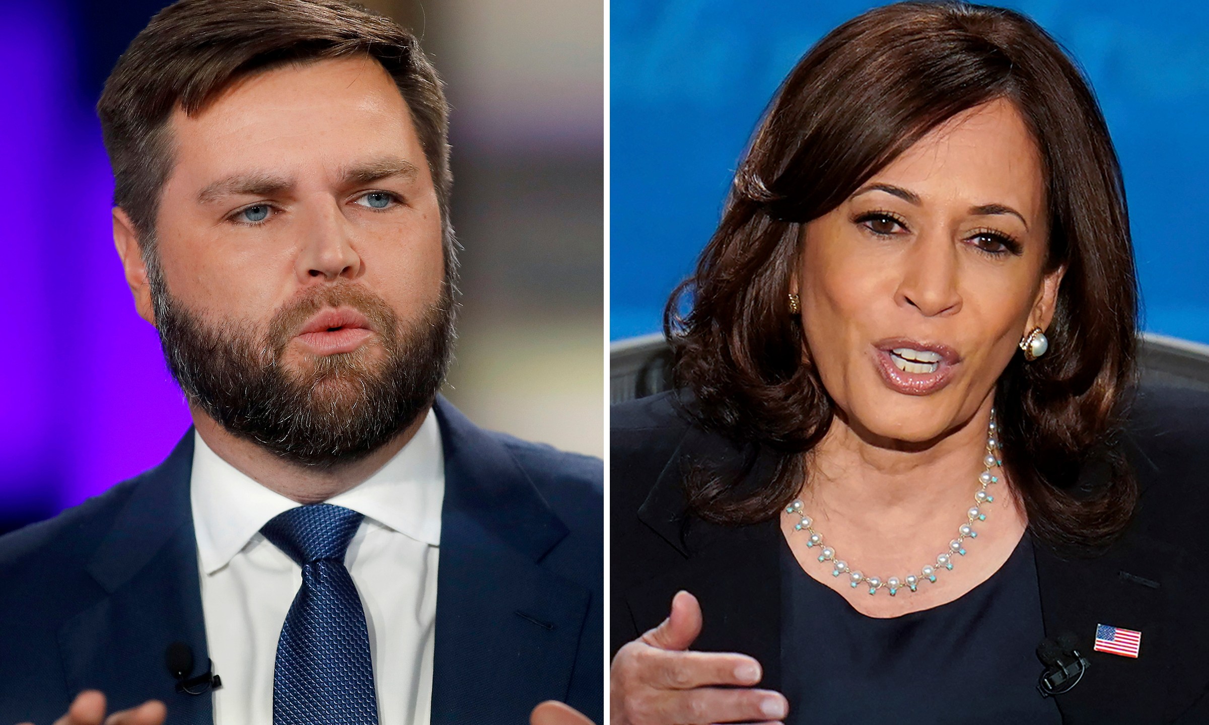 FILE - This combo image shows Republican vice presidential candidate Sen. JD Vance, R-Ohio, left, Nov. 1, 2022 and Vice President Kamala Harris, right, Oct. 7, 2020. (AP Photo)