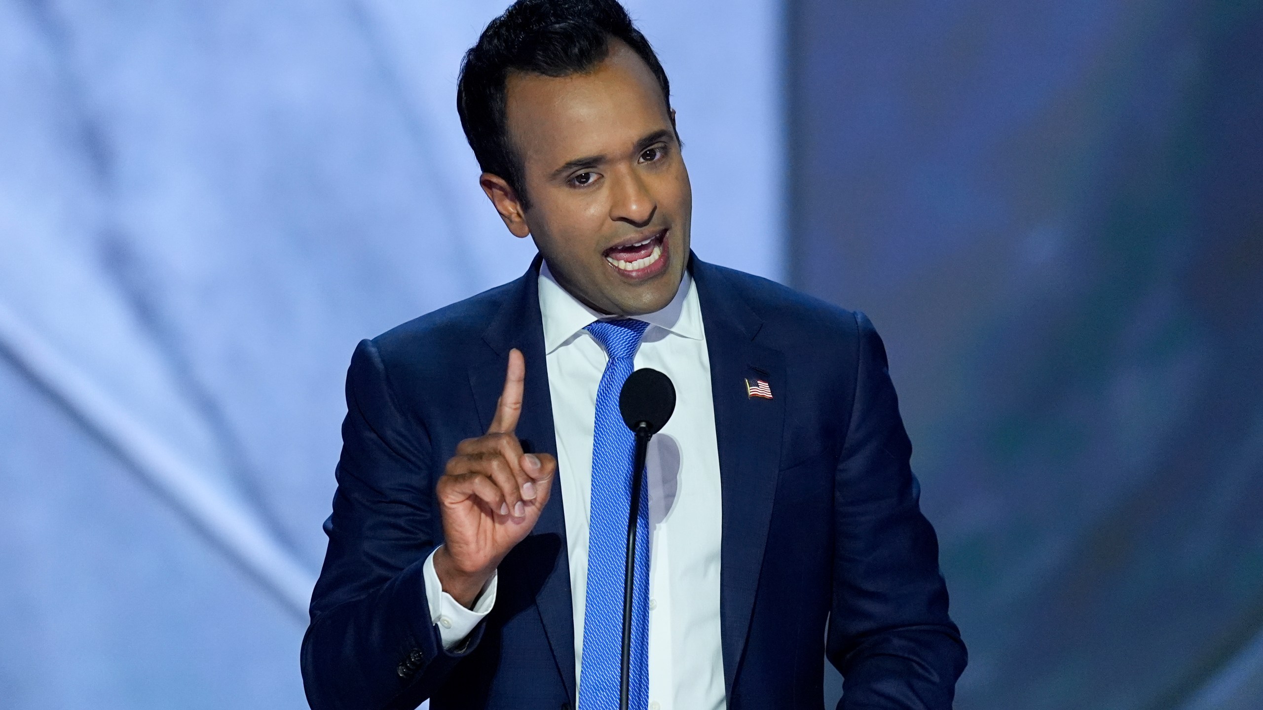 Vivek Ramaswamy speaking during the second day of the Republican National Convention on Tuesday, July 16, 2024, in Milwaukee. (AP Photo/J. Scott Applewhite)