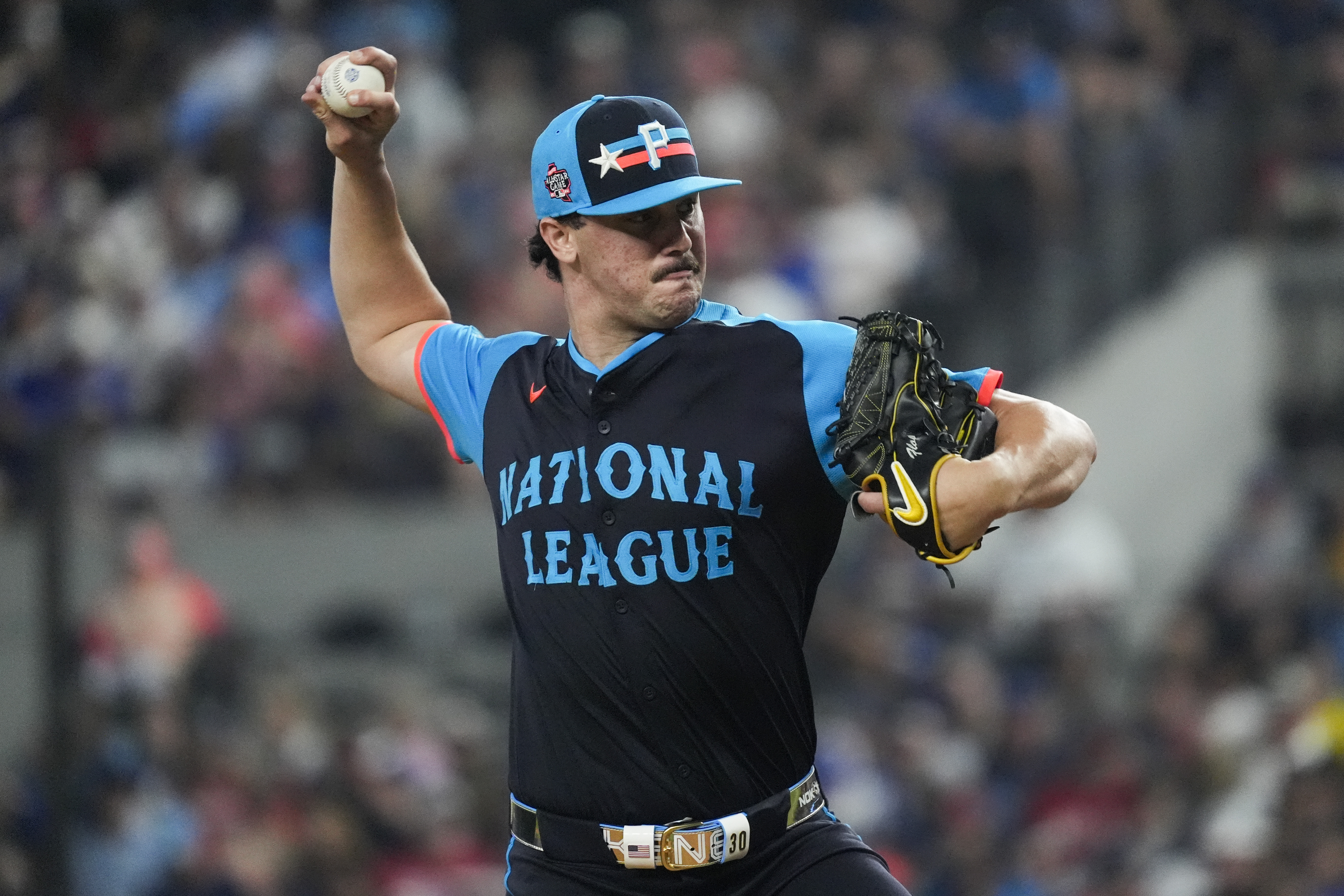 National League's Paul Skenes, of the Pittsburgh Pirates, throws during the first inning of the MLB All-Star baseball game, Tuesday, July 16, 2024, in Arlington, Texas. (AP Photo/LM Otero)