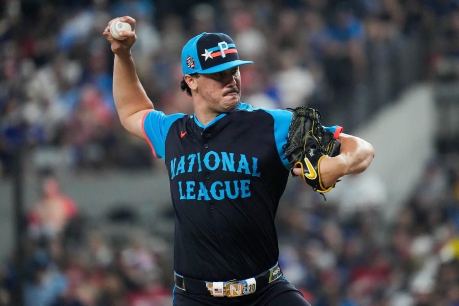 National League's Paul Skenes, of the Pittsburgh Pirates, throws during the first inning of the MLB All-Star baseball game, Tuesday, July 16, 2024, in Arlington, Texas. (AP Photo/LM Otero)