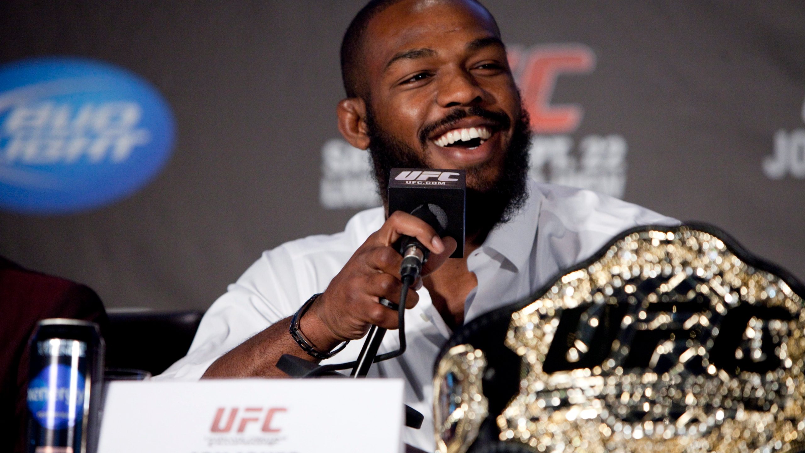 FILE - Jon Jones speaks during the UFC 152 pre-fight press conference at the Real Sports Bar and Grill in Toronto, Sept. 20, 2012. The UFC heavyweight champion is due in court Wednesday, July 17, 2024, to face a pair of misdemeanor charges that stem from a drug test at his New Mexico home in March in which he was accused of being hostile. (Matthew Sherwood/The Canadian Press via AP, File)