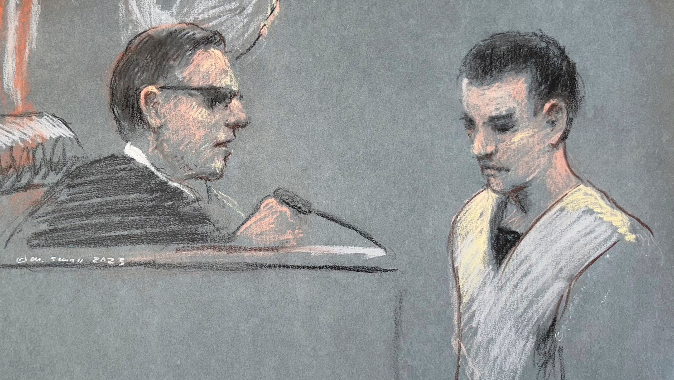 FILE - This artist depiction shows Massachusetts Air National Guardsman Jack Teixeira, right, appearing in U.S. District Court in Boston, April 14, 2023. (Margaret Small via AP, File)