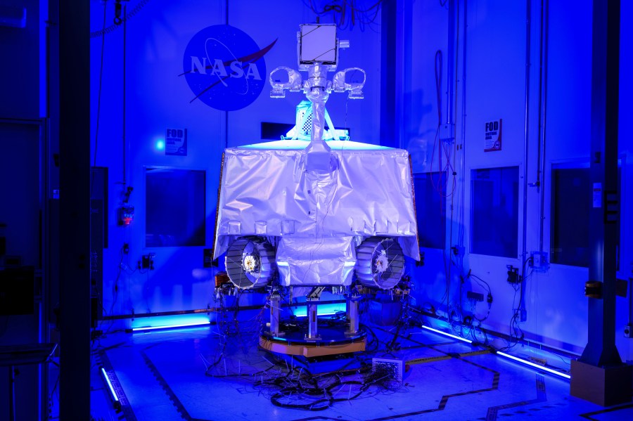 This photo provided by NASA shows the Viper (Volatiles Investigating Polar Exploration) vehicle at the Johnson Space Center in Houston on July 7, 2024. On Wednesday, July 17, 2024, NASA said it is canceling the water-seeking moon rover, citing cost overruns and launch delays. (Helen Arase Vargas/NASA via AP)