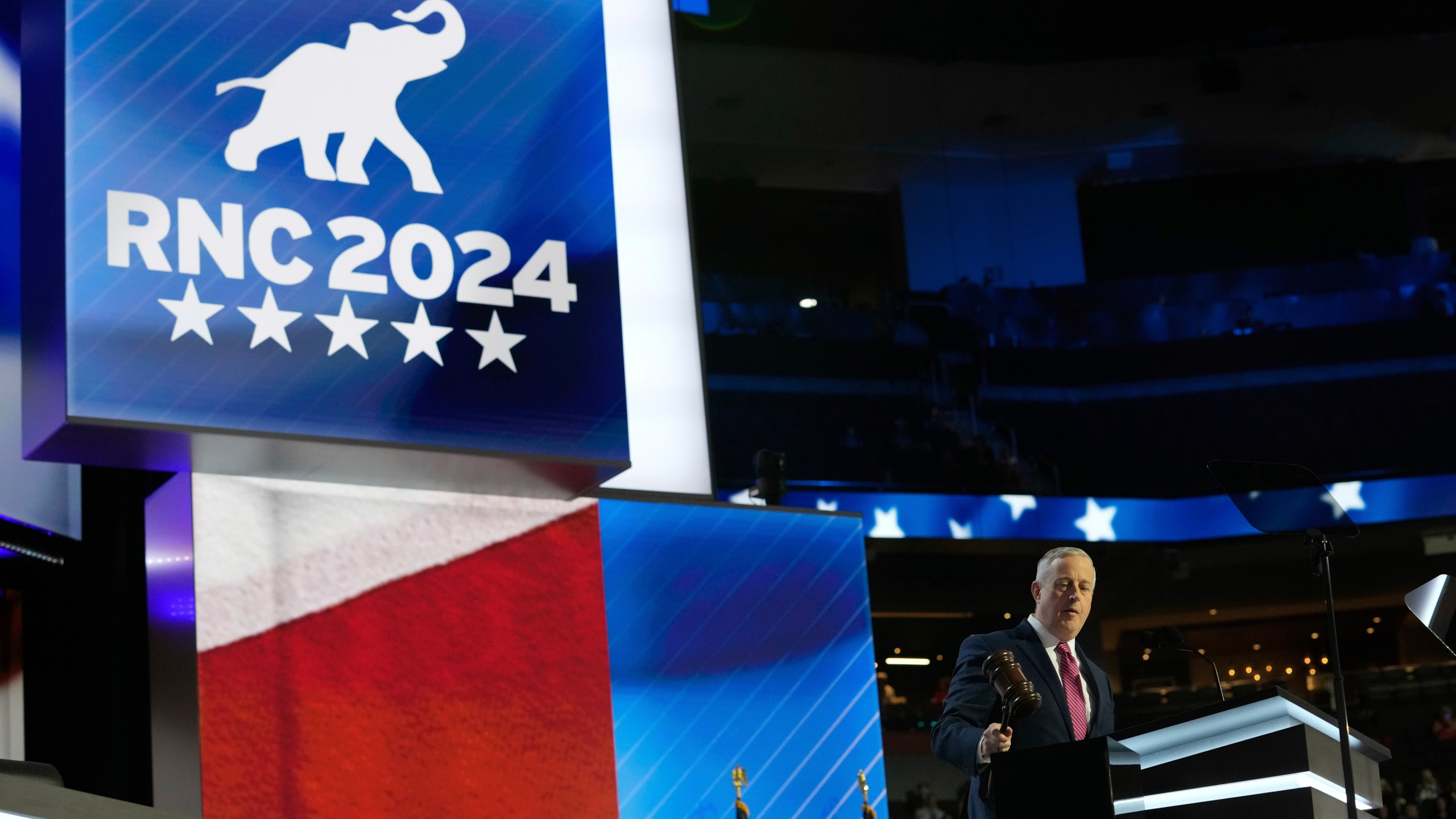 RNC Chair Michael Whatley speaks during the Republican National Convention Monday, July 15, 2024, in Milwaukee. (AP Photo/Nam Y. Huh)