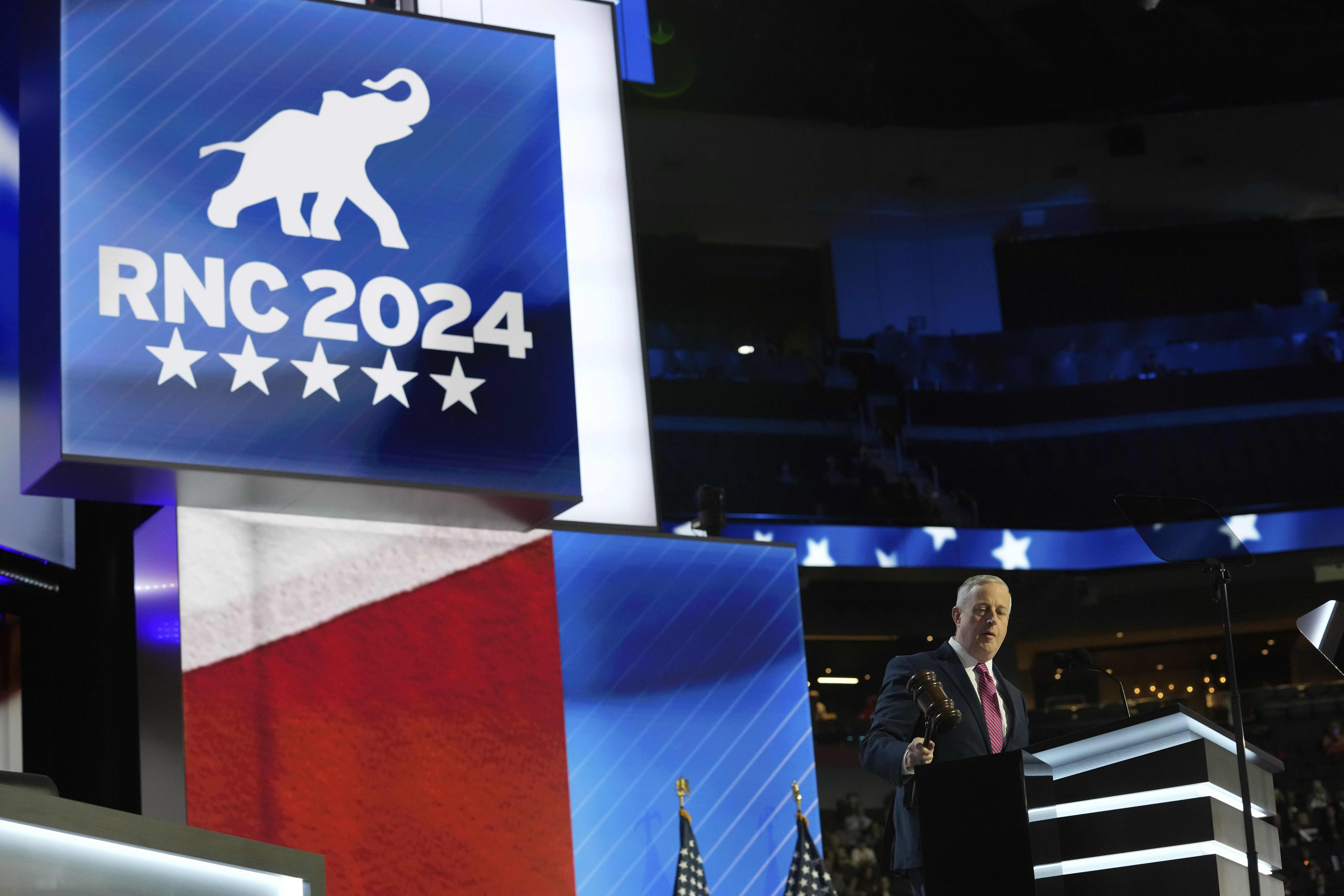 RNC Chair Michael Whatley speaks during the Republican National Convention Monday, July 15, 2024, in Milwaukee. (AP Photo/Nam Y. Huh)