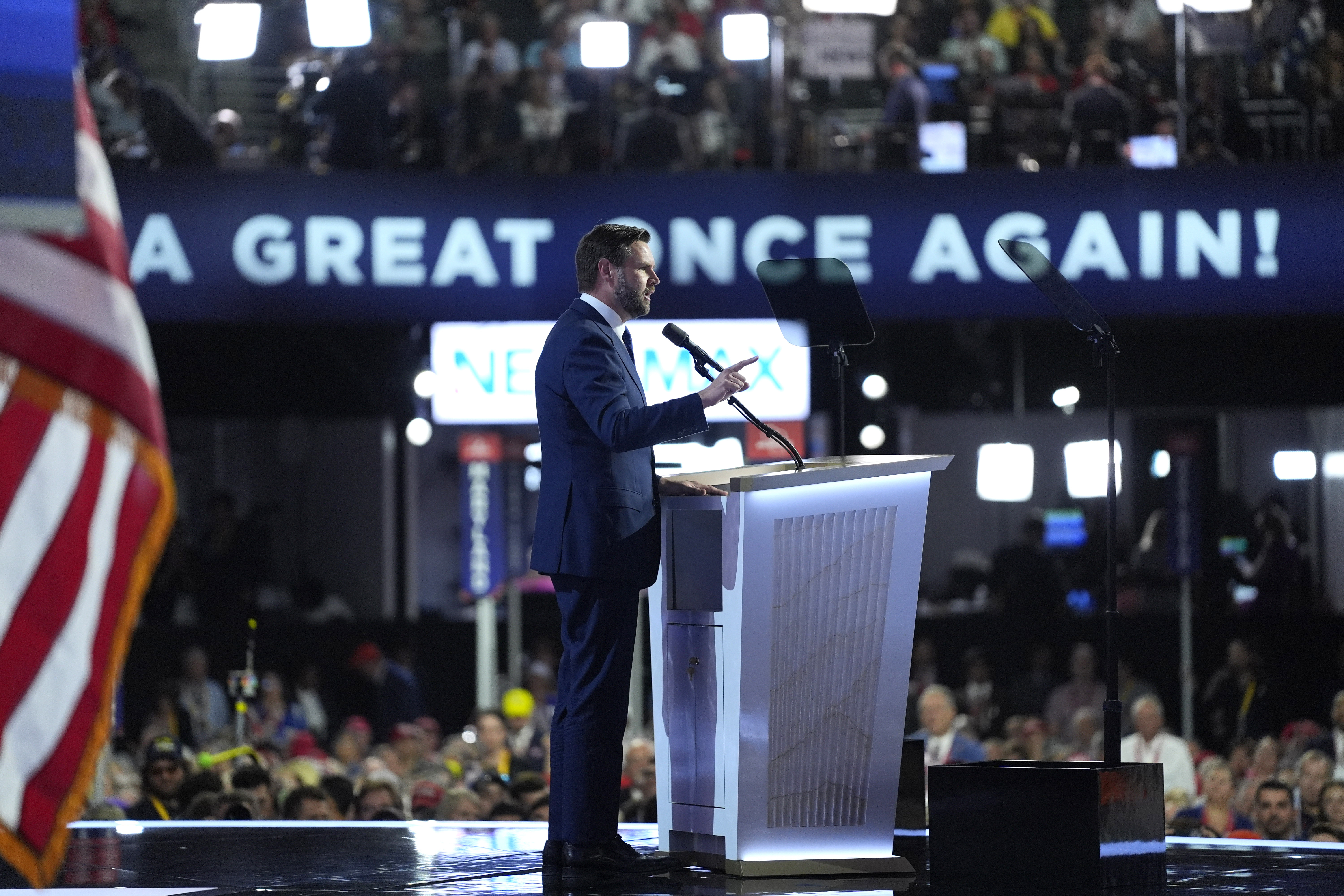 Republican vice presidential candidate Sen. JD Vance, R-Ohio, speaks on third day of the Republican National Convention at the Fiserv Forum, Wednesday, July 17, 2024, in Milwaukee. (AP Photo/Evan Vucci)