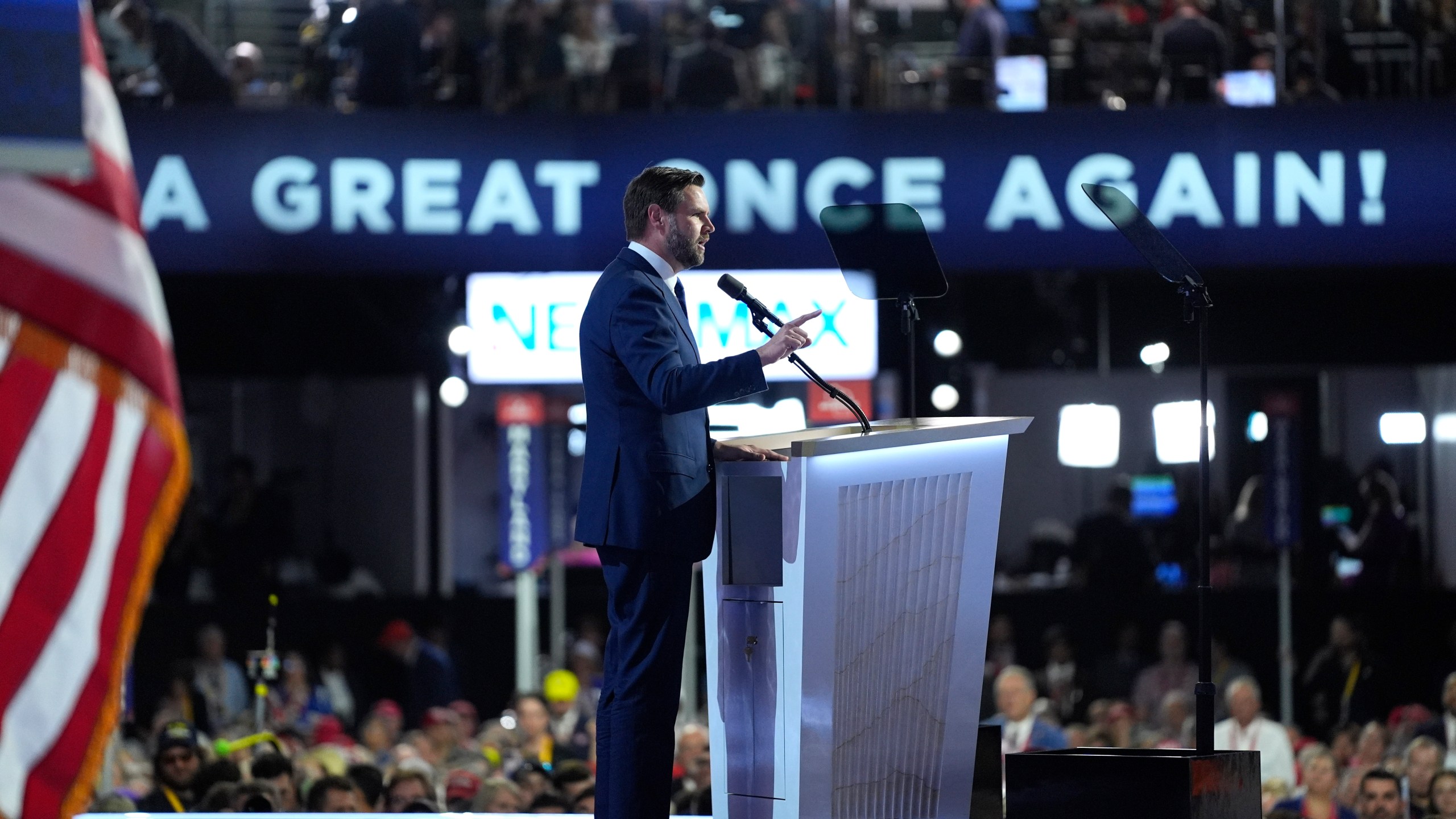 Republican vice presidential candidate Sen. JD Vance, R-Ohio, speaks on third day of the Republican National Convention at the Fiserv Forum, Wednesday, July 17, 2024, in Milwaukee. (AP Photo/Evan Vucci)