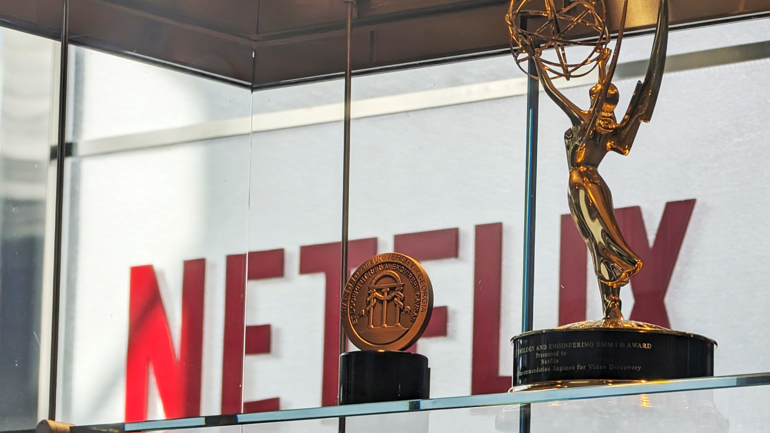 FILE - Awards, including an Emmy, are displayed at Netflix headquarters Los Gatos, Calif. on March 7, 2024. Netflix reports earnings on Thursday, July 18, 2024. (AP Photo/Mike Liedtke, File)