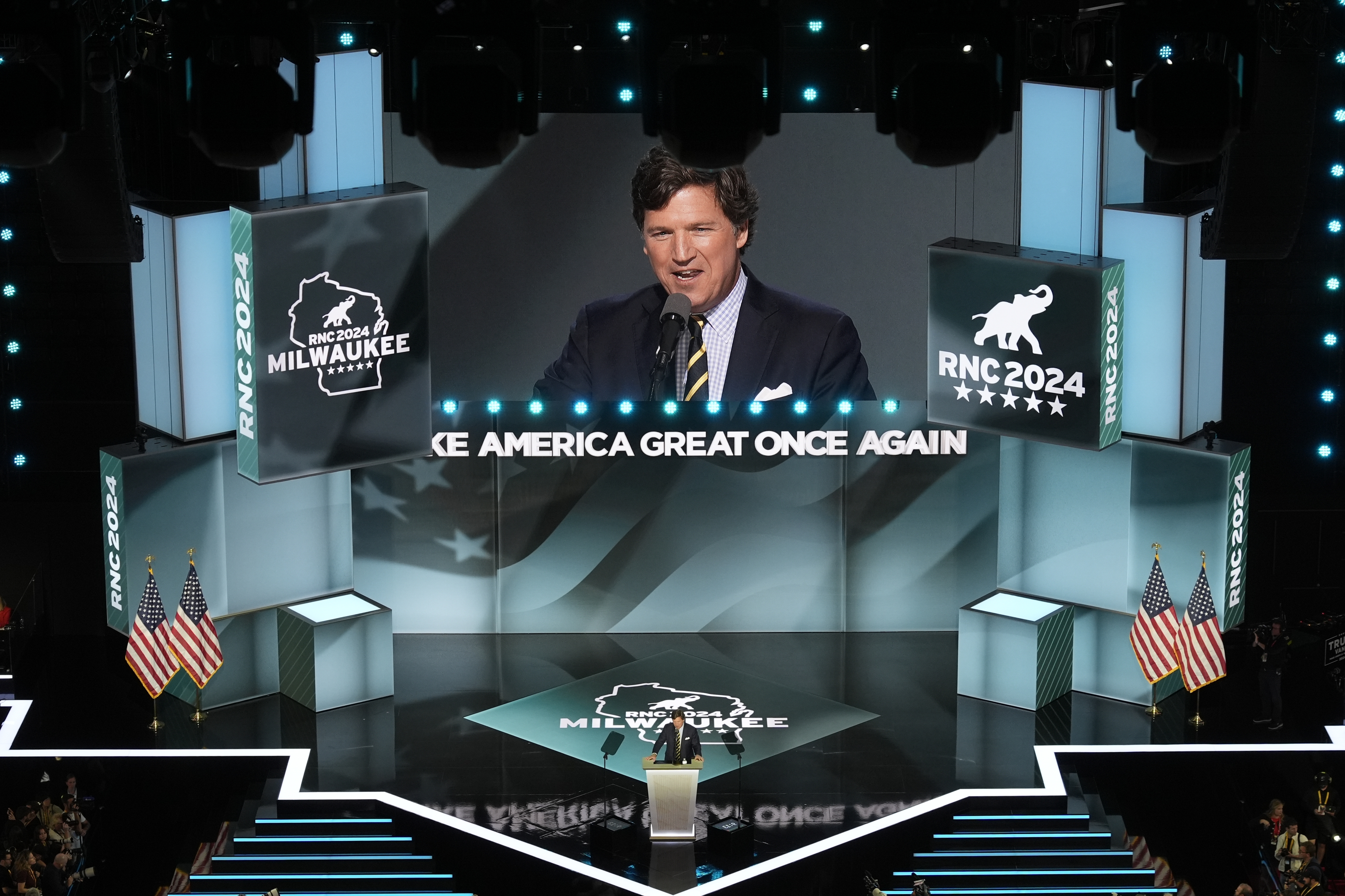 Tucker Carlson speaks during the Republican National Convention Thursday, July 18, 2024, in Milwaukee. (AP Photo/Morry Gash)