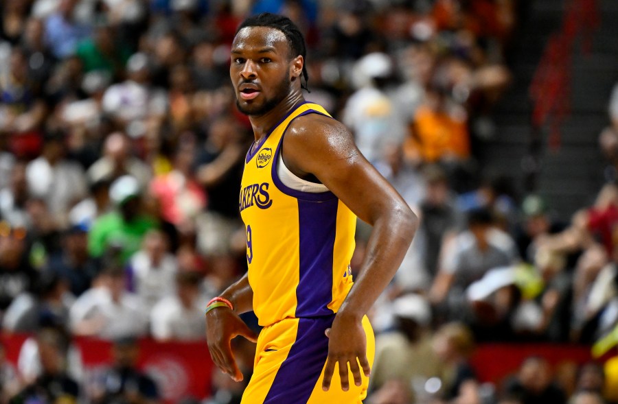 Los Angeles Laker guard Bronny James Jr. (9) looks on during the first half of an NBA summer league basketball game against the Houston Rockets, Friday, July 12, 2024, in Las Vegas. (AP Photo/David Becker)