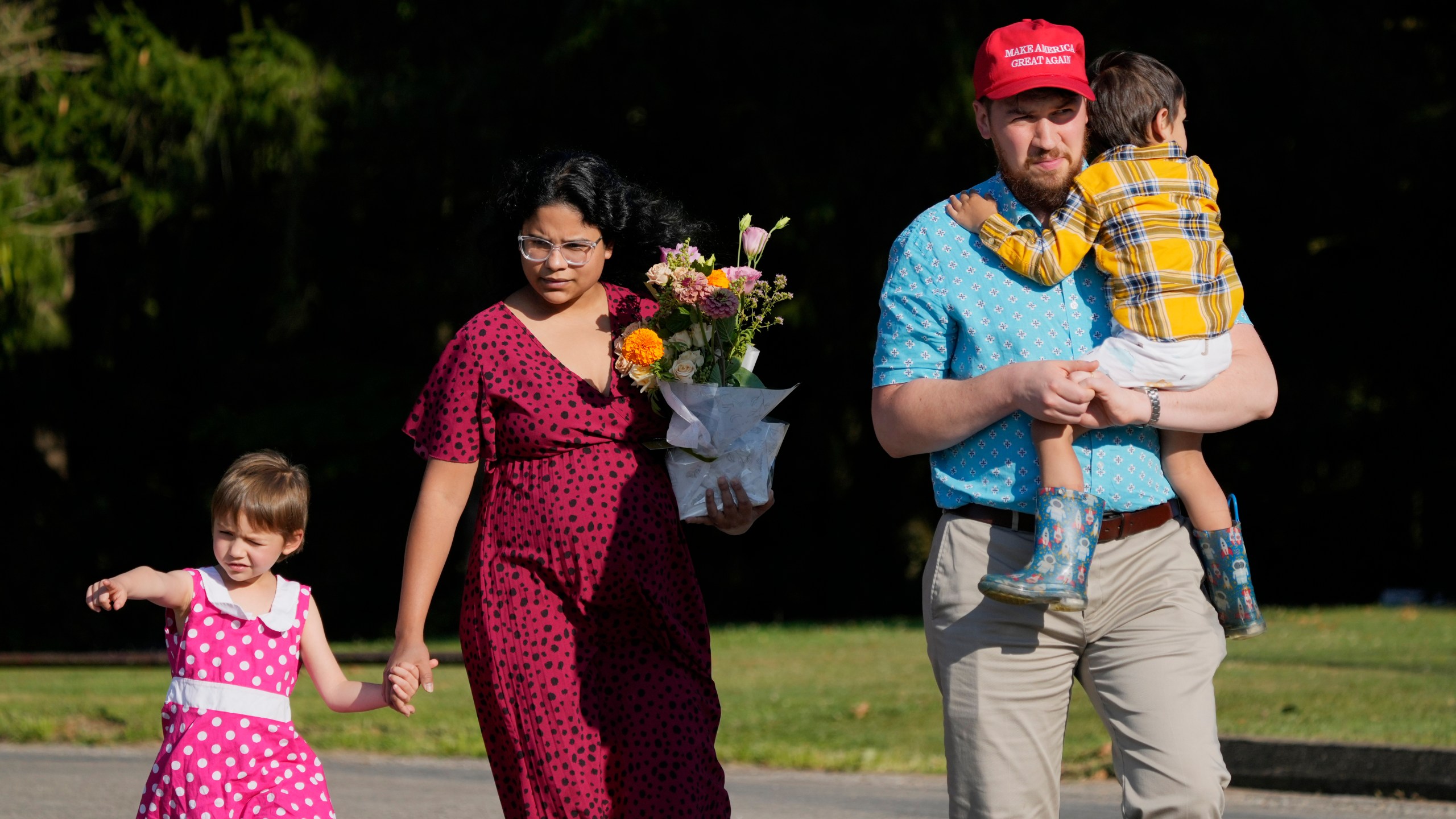 Jon Ruffley and his family arrive for the evening visitation session for Corey Comperatore, the former fire chief shot and killed at a weekend rally for former President Donald Trump, at Laube Hall, Thursday, July 18, 2024, in Freeport, Pa. (AP Photo/Eric Gay)