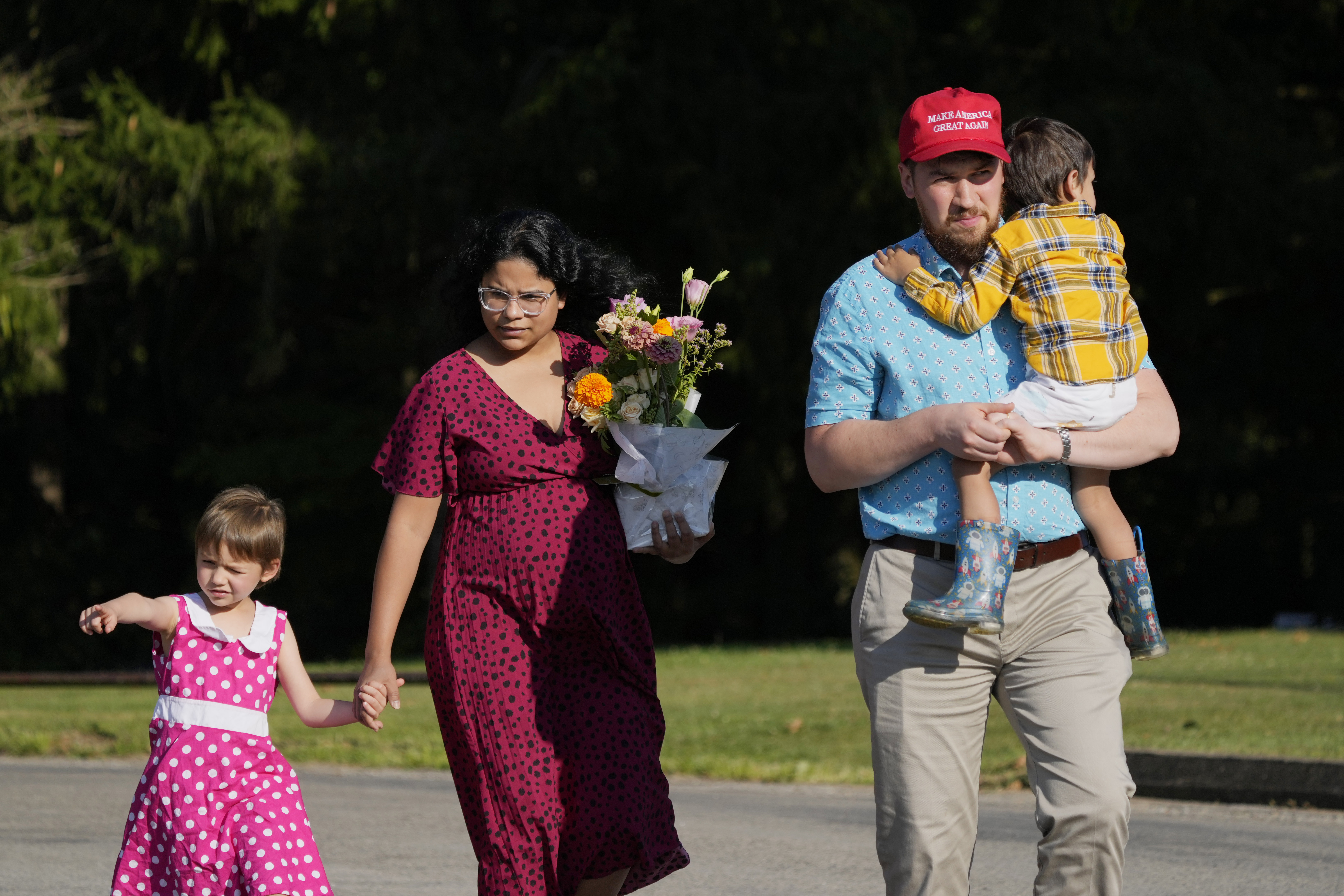 Jon Ruffley and his family arrive for the evening visitation session for Corey Comperatore, the former fire chief shot and killed at a weekend rally for former President Donald Trump, at Laube Hall, Thursday, July 18, 2024, in Freeport, Pa. (AP Photo/Eric Gay)