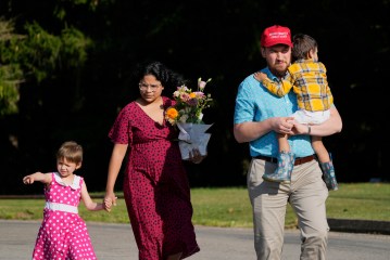 Jon Ruffley and his family arrive for the evening visitation session for Corey Comperatore, the former fire chief shot and killed at a weekend rally for former President Donald Trump, at Laube Hall, Thursday, July 18, 2024, in Freeport, Pa. (AP Photo/Eric Gay)