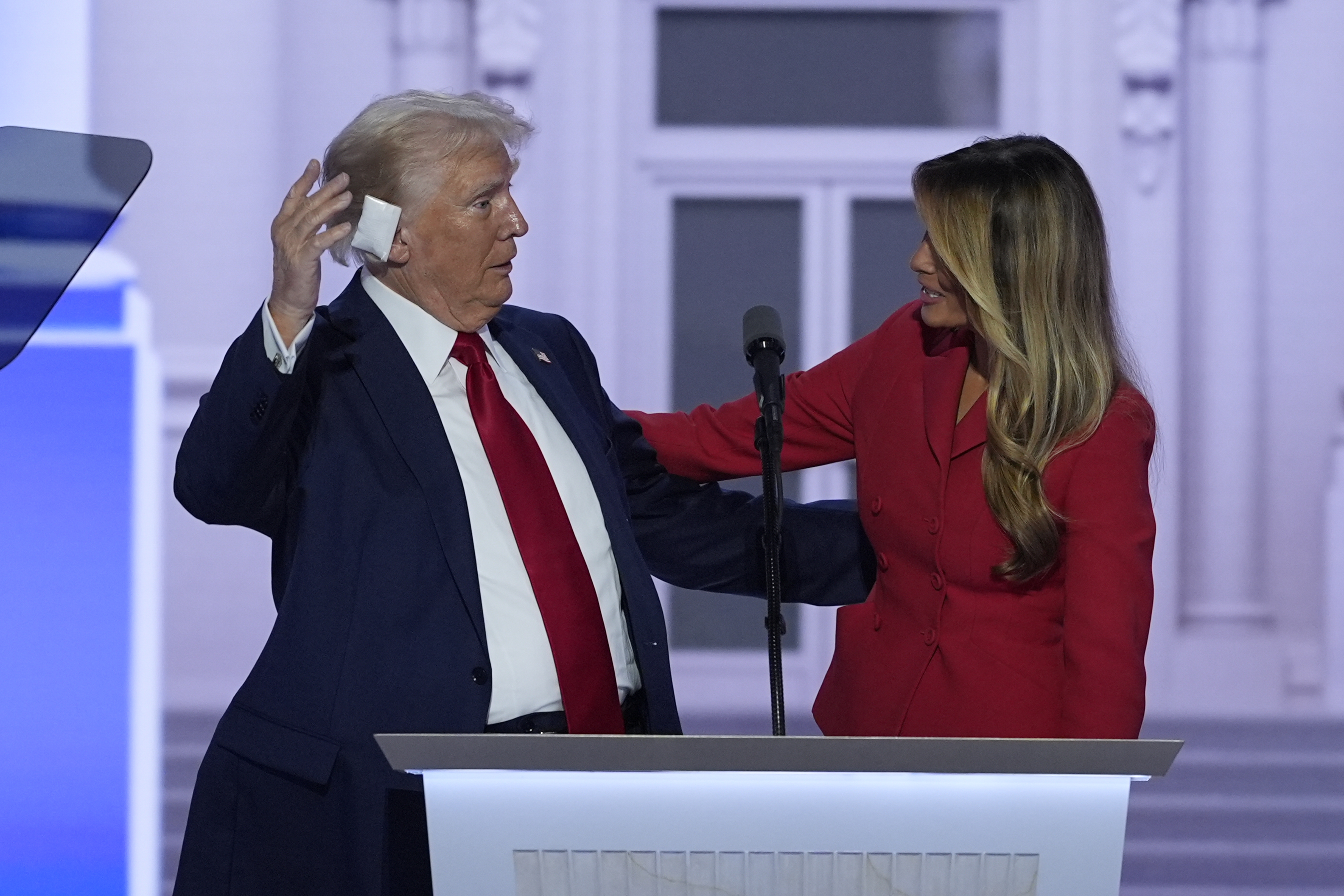 Republican presidential candidate former President Donald Trump is joined on stage by former first lady Melania Trump at the Republican National Convention Thursday, July 18, 2024, in Milwaukee. (AP Photo/J. Scott Applewhite)