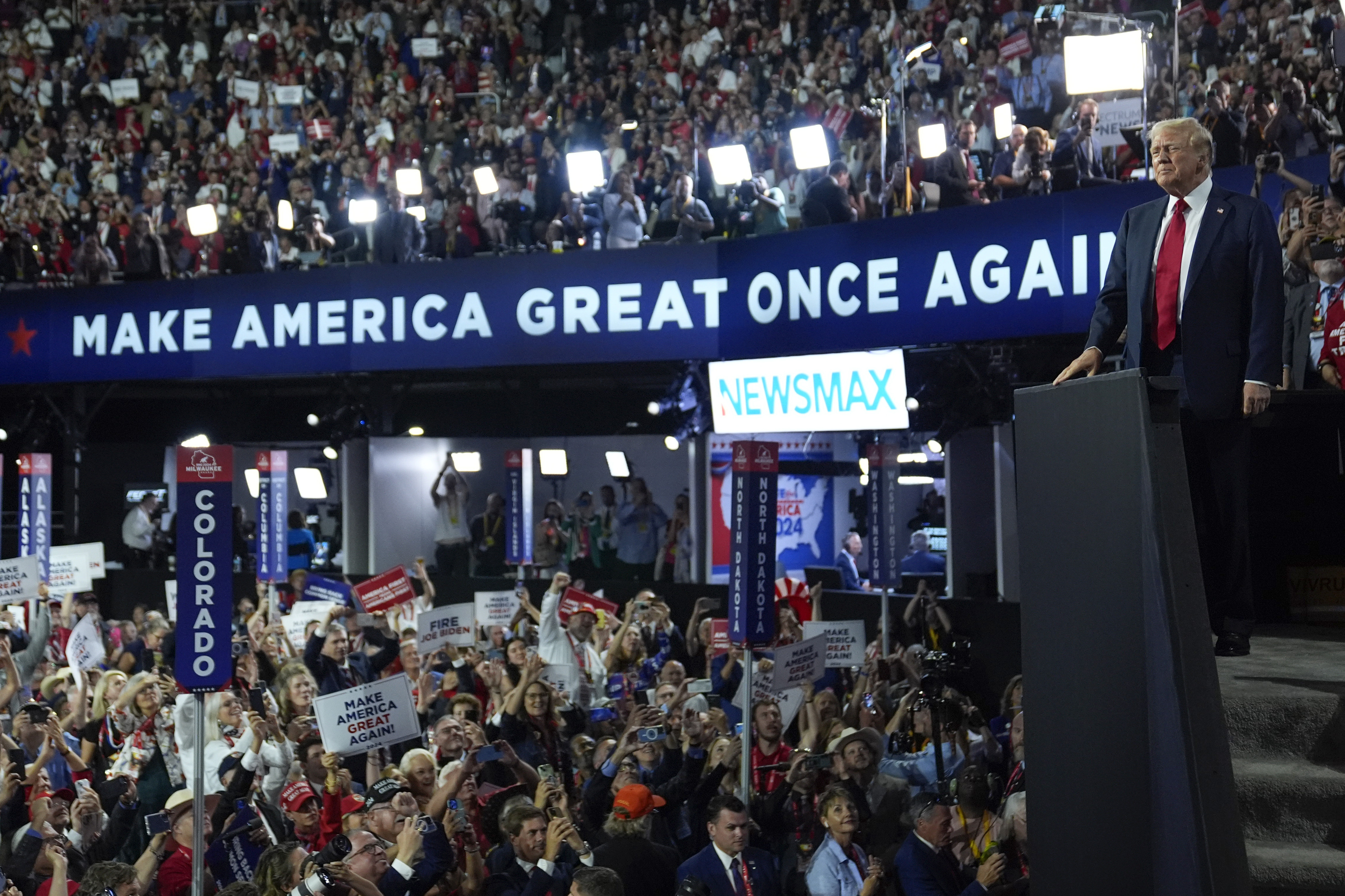 Republican presidential candidate former President Donald Trump arrives for the final day of the Republican National Convention at the Fiserv Forum, Thursday, July 18, 2024, in Milwaukee. (AP Photo/Evan Vucci)