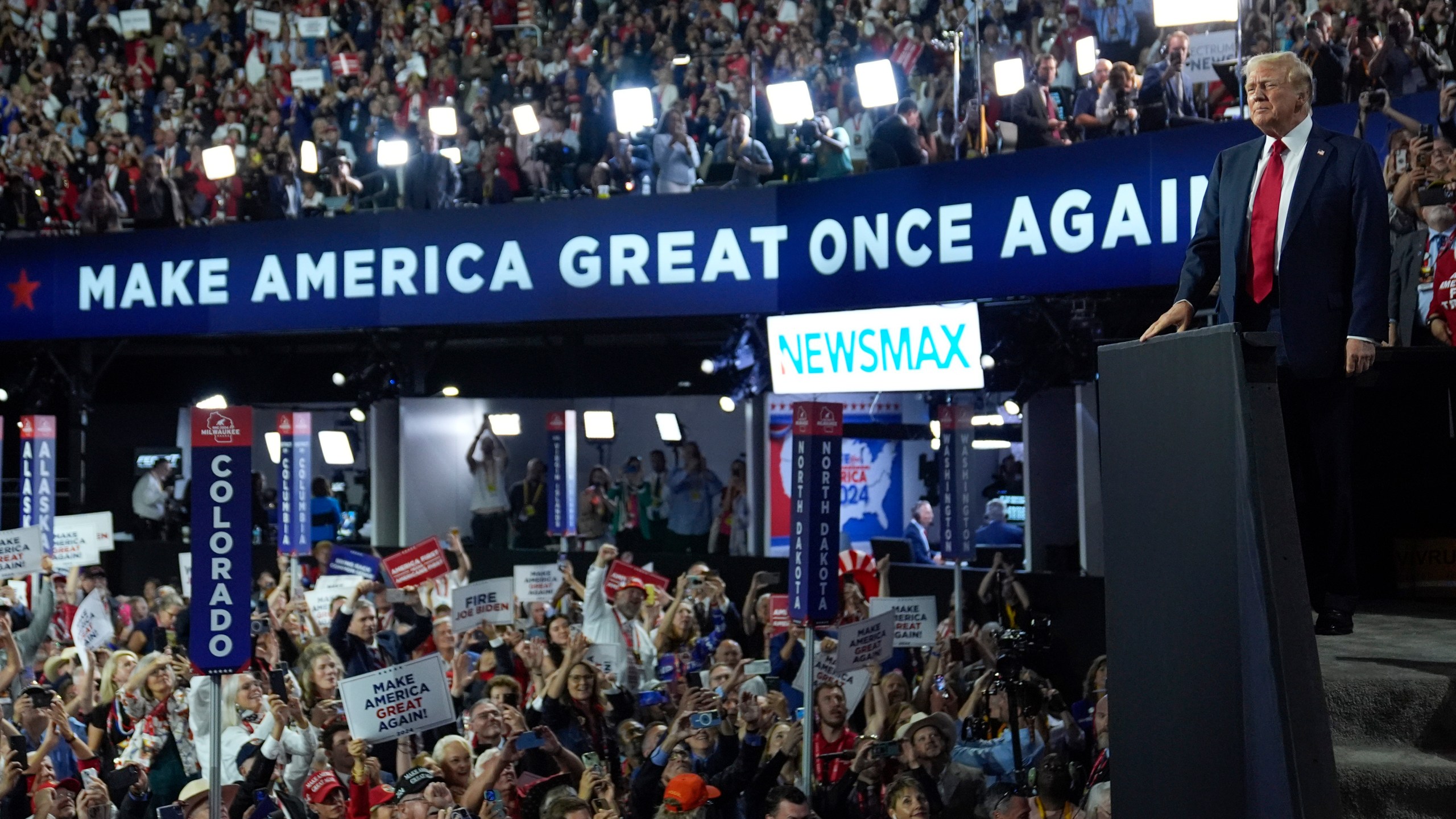 Republican presidential candidate former President Donald Trump arrives for the final day of the Republican National Convention at the Fiserv Forum, Thursday, July 18, 2024, in Milwaukee. (AP Photo/Evan Vucci)