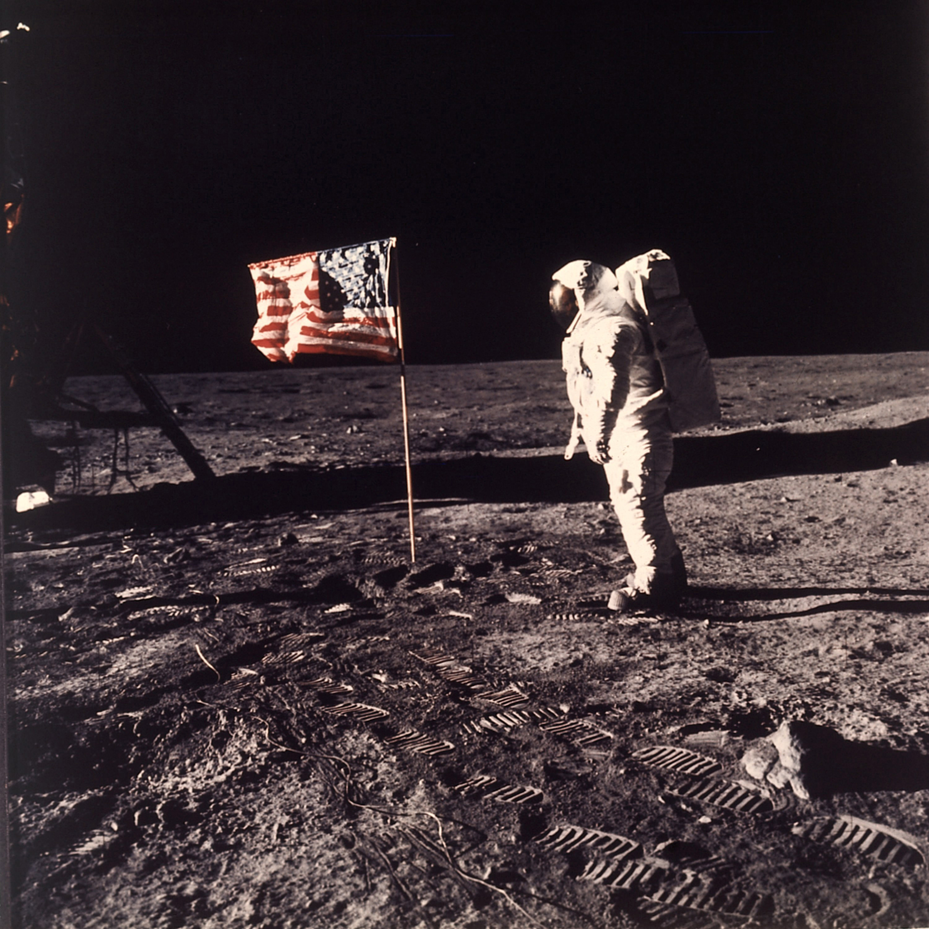 FILE - In this photo provided by NASA, astronaut Edwin "Buzz" Aldrin poses for a photograph beside the U.S. flag deployed on the moon during the Apollo 11 mission on July 20, 1969. (Neil Armstrong/NASA via AP, File)