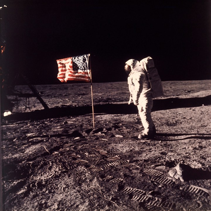 FILE - In this photo provided by NASA, astronaut Edwin "Buzz" Aldrin poses for a photograph beside the U.S. flag deployed on the moon during the Apollo 11 mission on July 20, 1969. (Neil Armstrong/NASA via AP, File)