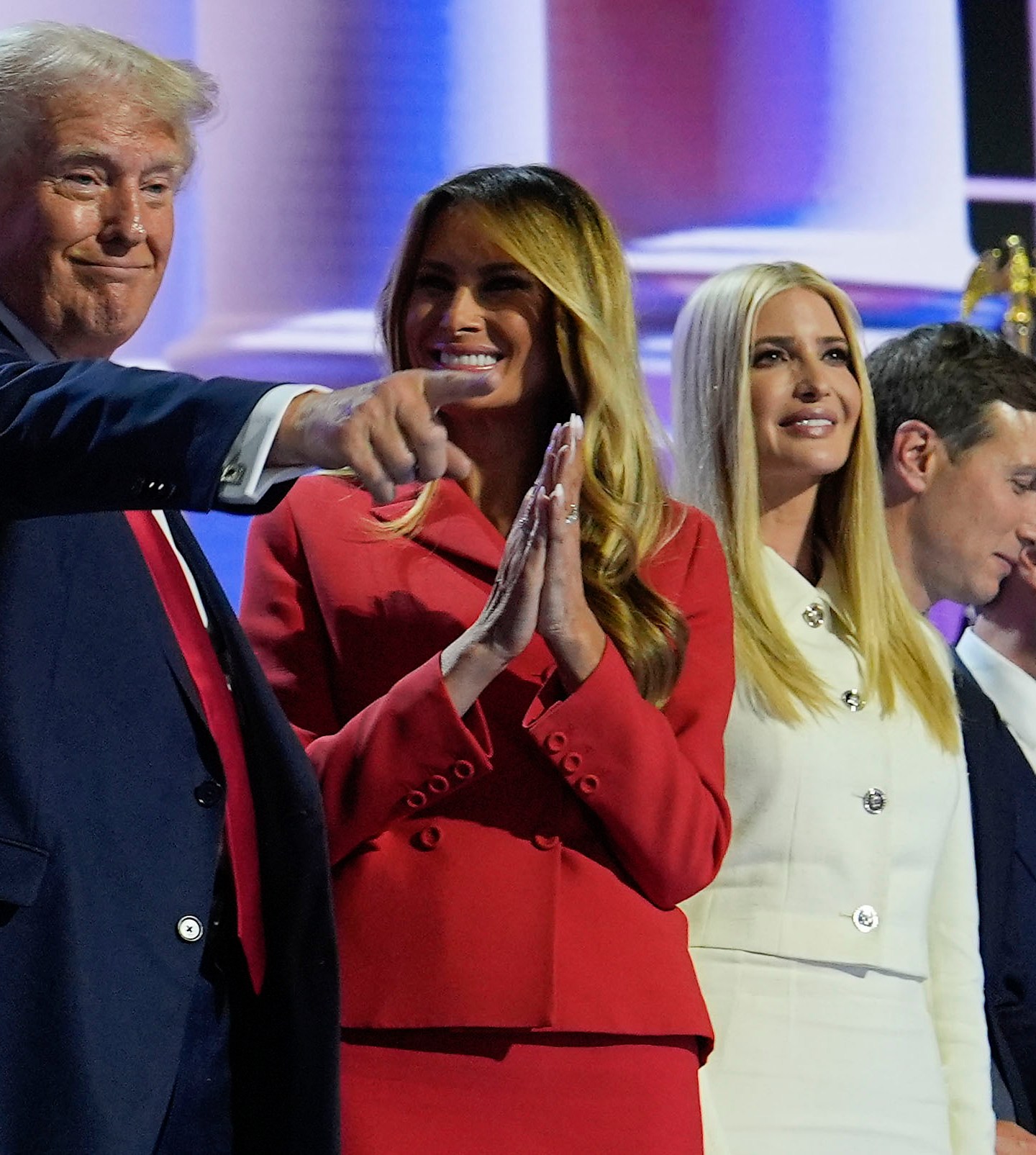 Republican presidential candidate former President Donald Trump, left, stands on stage with Melania Trump, Ivanka Trump, Jared Kushner and Republican vice presidential candidate Sen. JD Vance, R-Ohio, after speaking during the Republican National Convention, Thursday, July 18, 2024, in Milwaukee. (AP Photo/Julia Nikhinson)