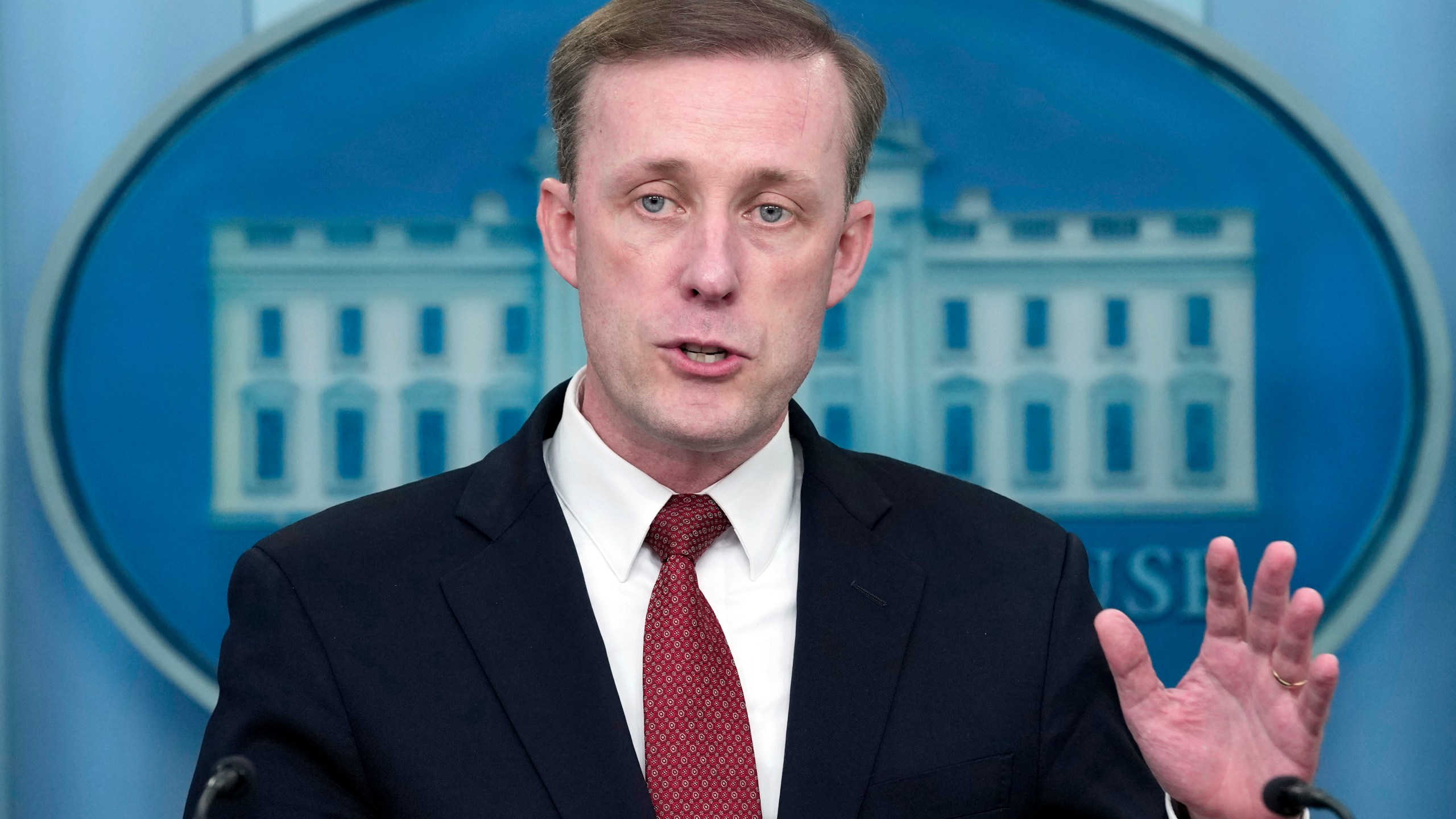 FILE - White House national security adviser Jake Sullivan speaks during the daily briefing at the White House in Washington, May 22, 2024. Sullivan and Secretary of State Antony Blinken said Friday, July 19, at separate panels in Colorado, that Iran is talking more about getting a nuclear bomb, and has made strides in developing one key aspect of a weapon in recent months. Sullivan says he has seen no sign Iran has decided to actually weaponize its nuclear program. Blinken says Iran recently has stepped up work on fissile material to fuel a bomb. (AP Photo/Susan Walsh, File)