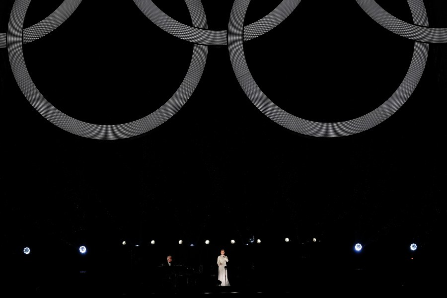 Celine Dion performs in Paris, France, during the opening ceremony of the 2024 Summer Olympics, Friday, July 26, 2024. (AP Photo/David J. Phillip)