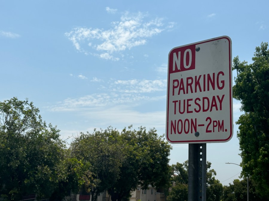 A No Parking sign with Tuesday restrictions in Los Angeles County shown on July 11, 2024. (KTLA)