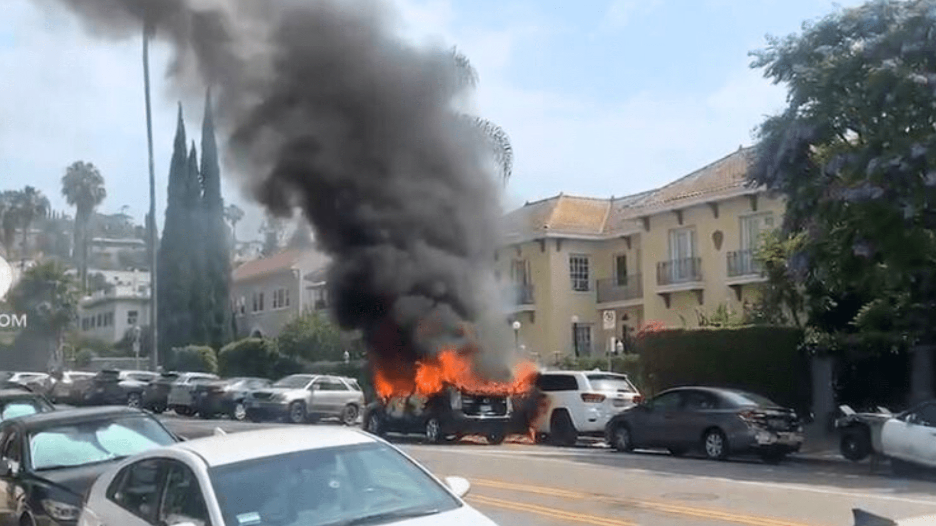 A vehicle was engulfed in flames after a woman set the car on fire during a violent rampage in the Hollywood Hills on July 13, 2024. (Citizen)