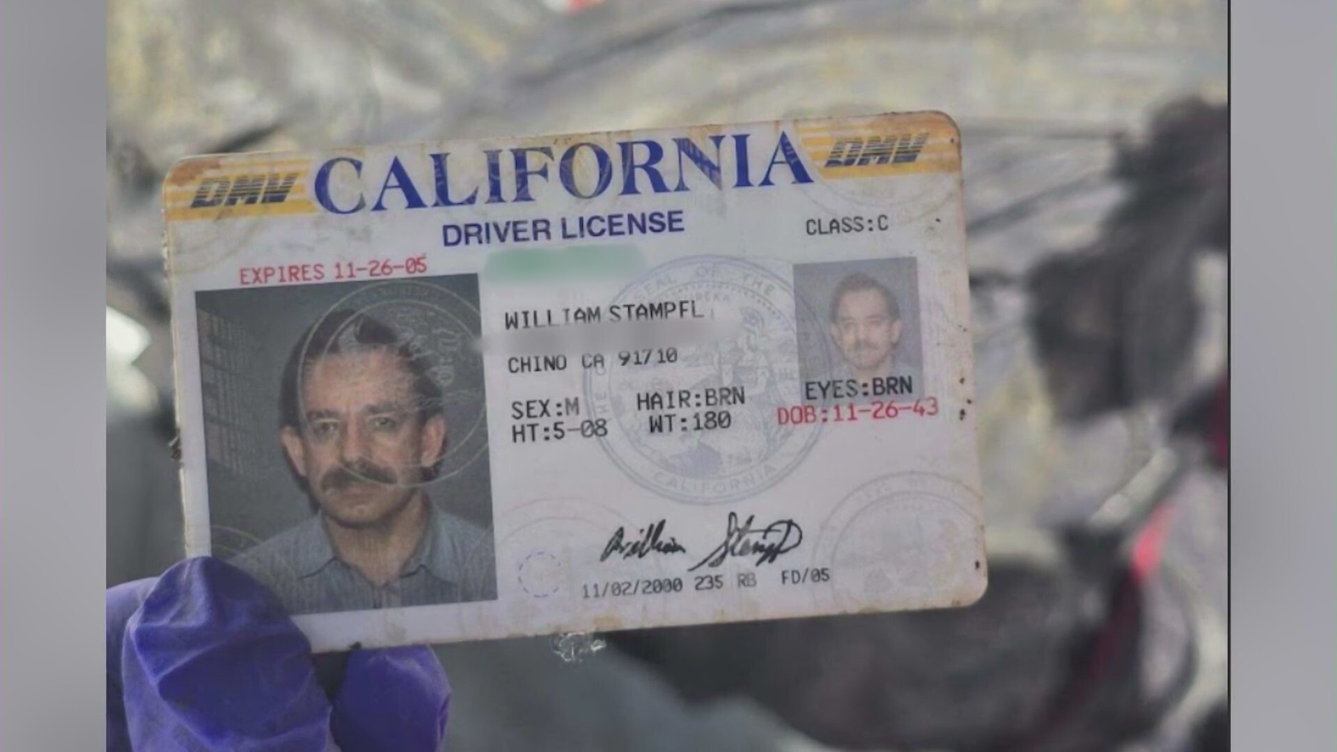 Bill Stampfl's identification card was found in a small bag containing his personal belongings.