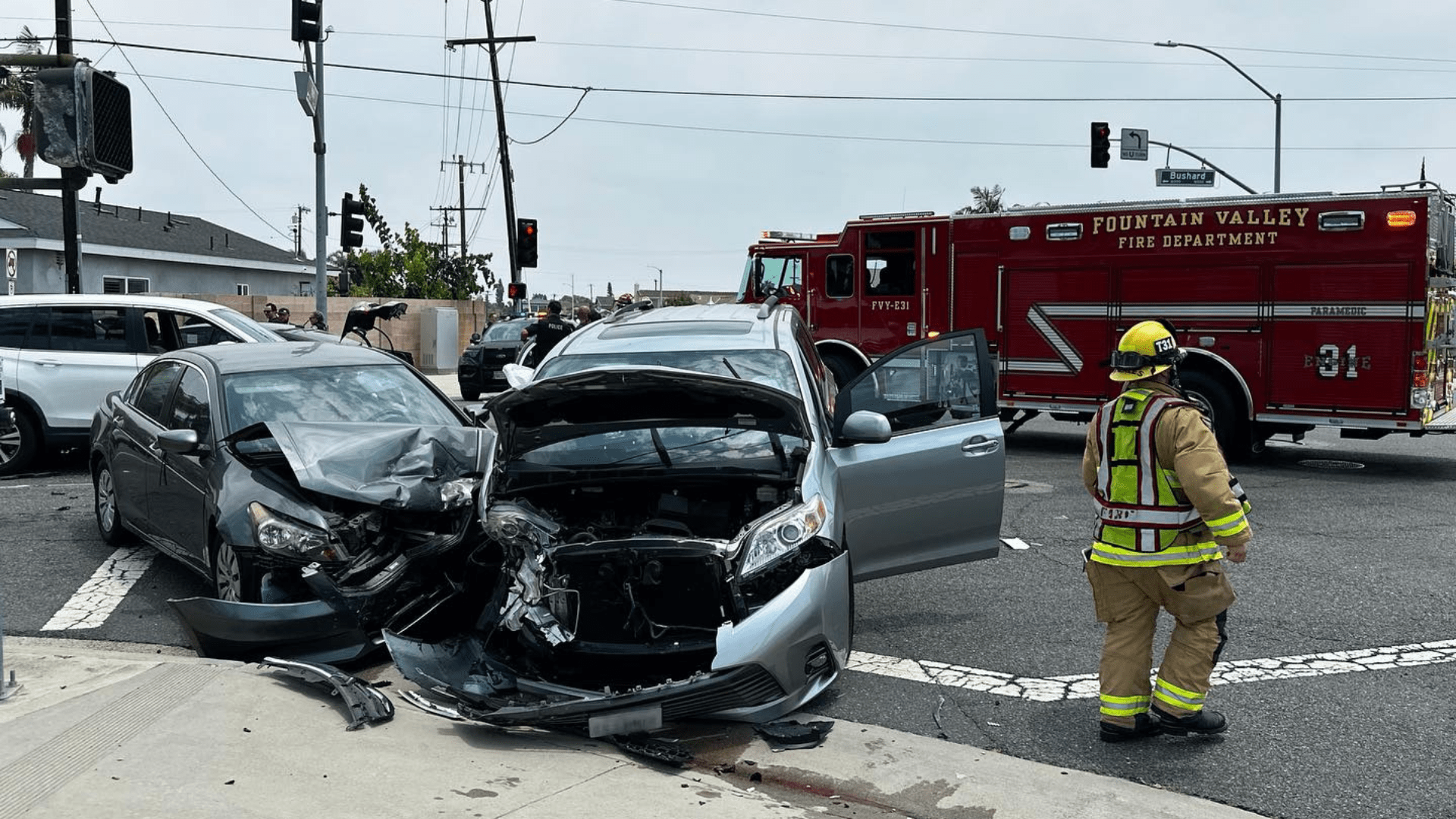 Several cars were left with severe damage after burglary suspects crashed during a pursuit in Fountain Valley on July 11, 2024. (Fountain Valley Police Department)