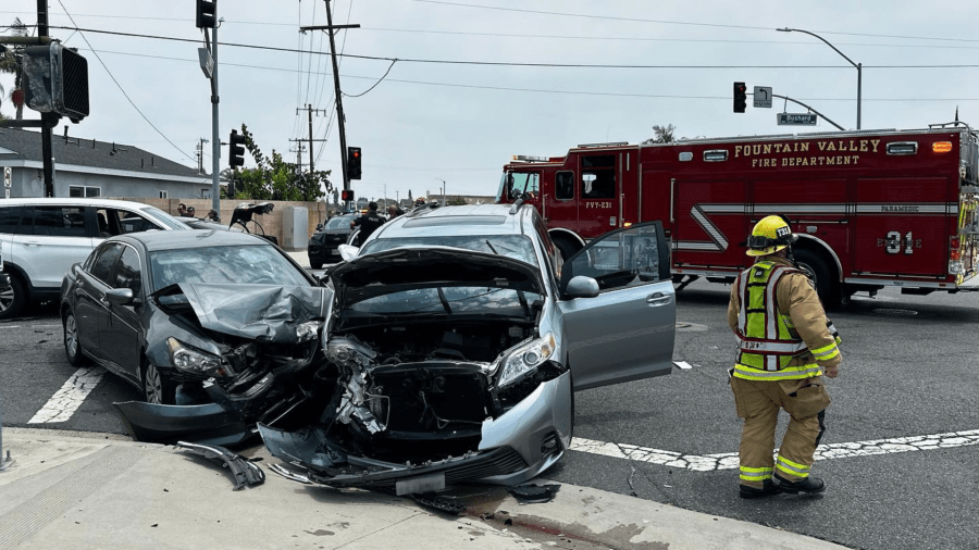 Several cars were left with severe damage after burglary suspects crashed during a pursuit in Fountain Valley on July 11, 2024. (Fountain Valley Police Department)