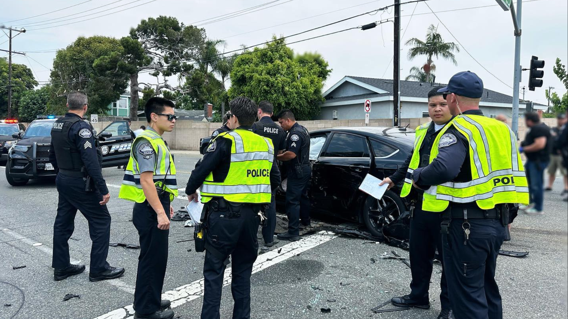 Several cars were left with severe damage after burglary suspects crashed during a pursuit in Fountain Valley on July 11, 2024. (Fountain Valley Police Department)