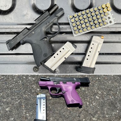 An array of firearms are shown in this undated photo provided by the San Bernardino County Sheriff's Department. The firearms were recovered as part of a gang sweep in late June and early July 2024.