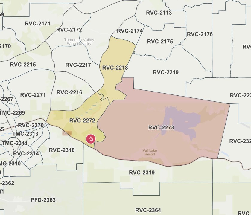 This map shows the evacuation warnings and orders in place for the Pauba Fire burning near Temecula, accurate as of 4:15 p.m. on July 12, 2024.