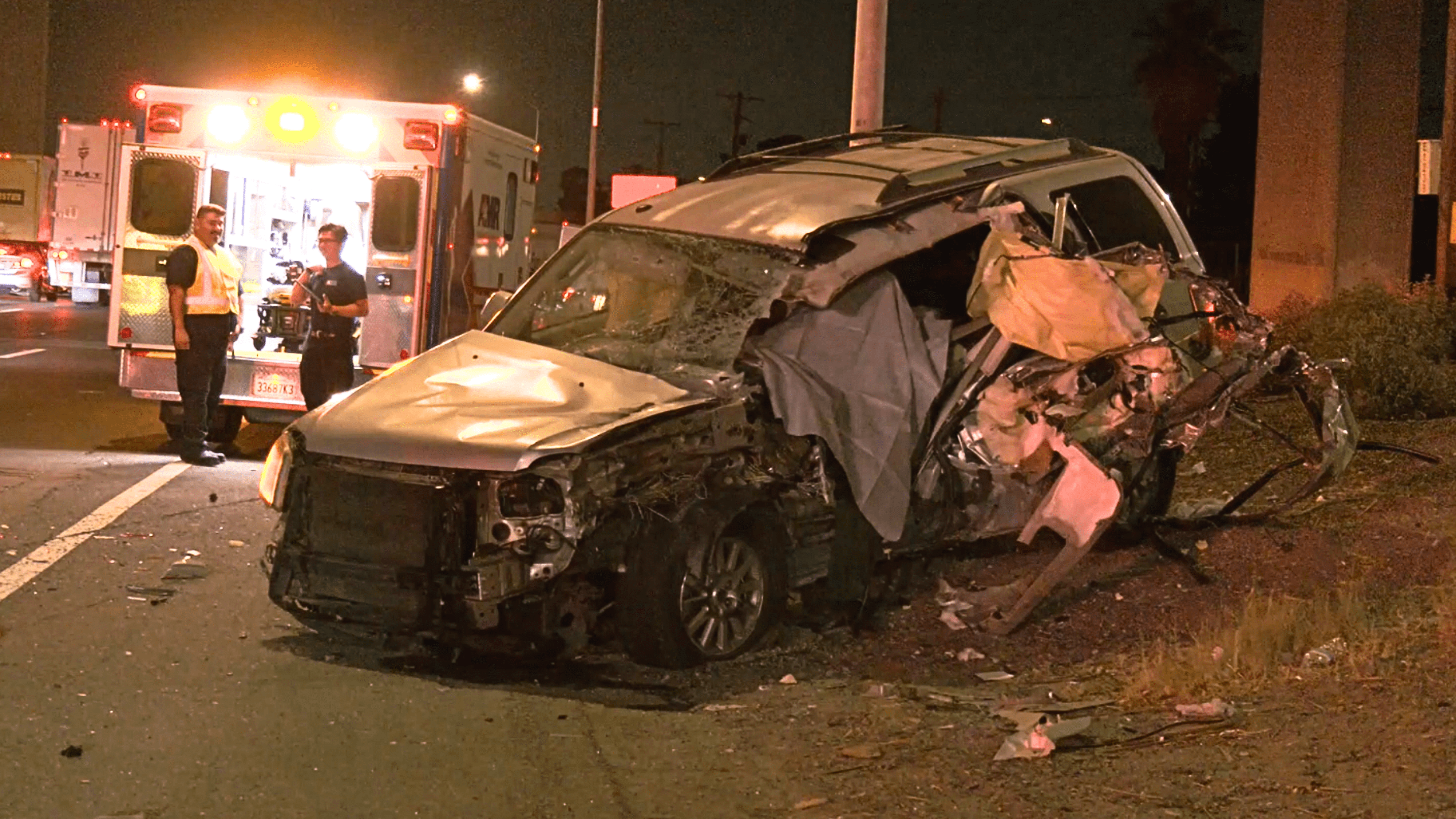 An SUV is seen following a crash on the 91 Freeway in Riverside