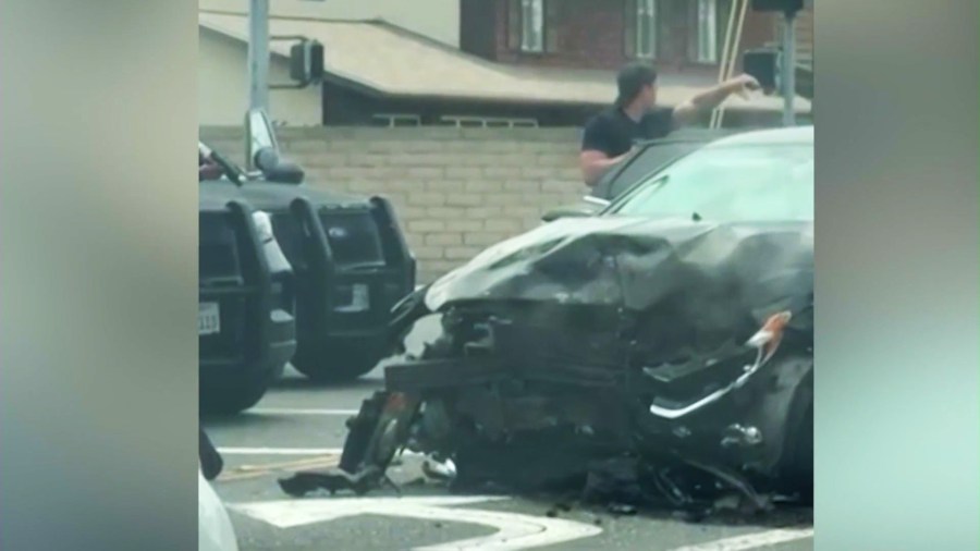 Several cars were left with severe damage after burglary suspects crashed during a pursuit in Fountain Valley on July 11, 2024.