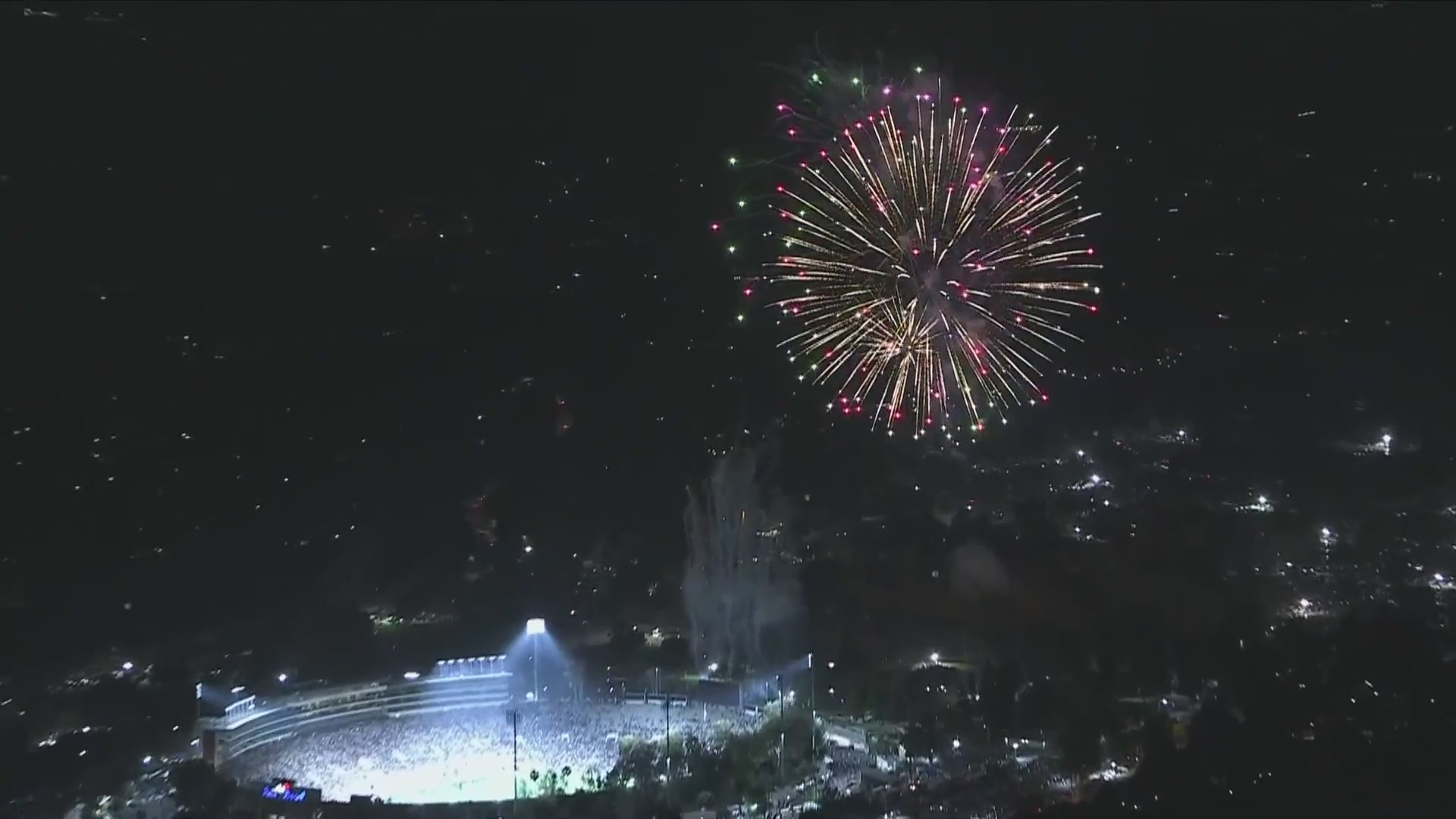 A fireworks show lit up the night sky at the Rose Bowl in Pasadena on July 4, 2024. (KTLA)