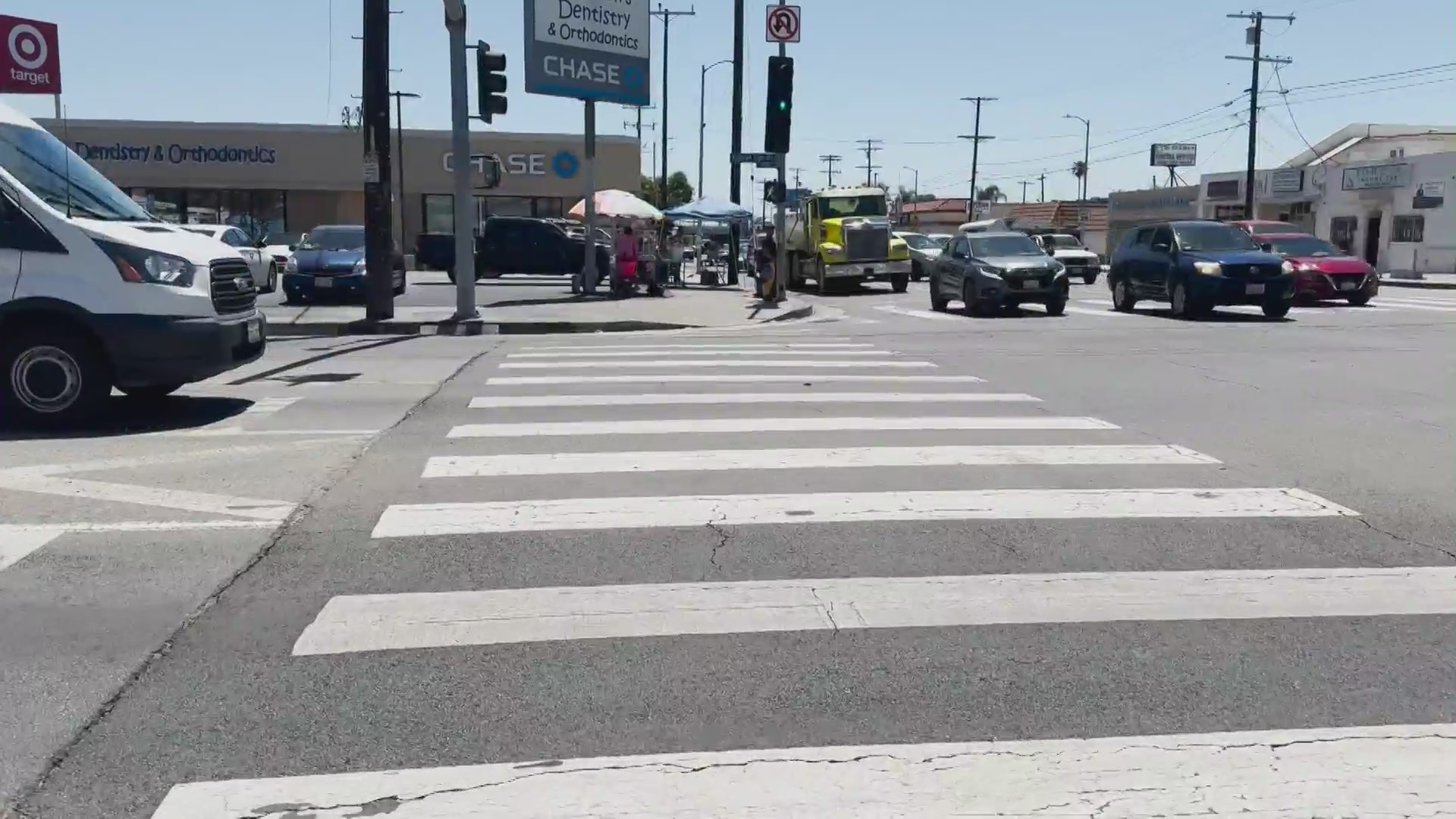 The crosswalk near Laurel Canyon Boulevard and Osbourne Street in Pacoima where the incident happened. (KTLA)