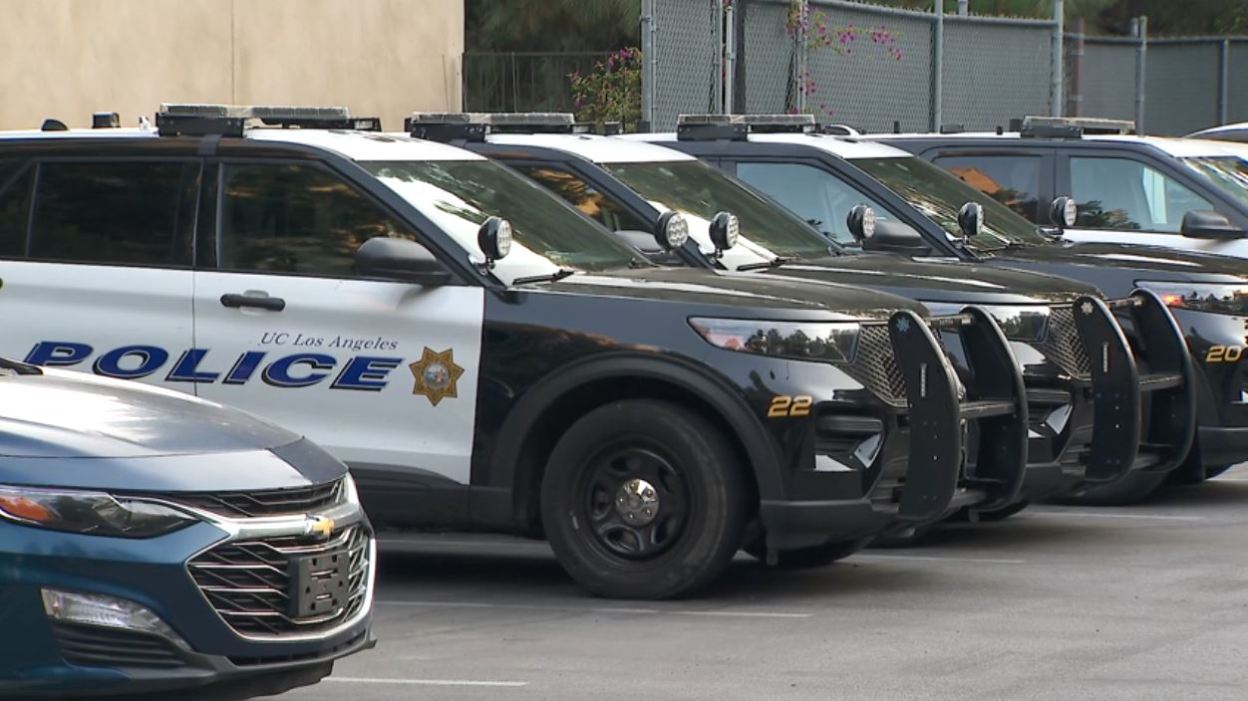 UCLA Police Department patrol cars are seen on the University of California, Los Angeles campus. (KTLA)