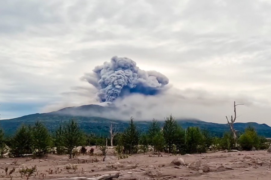 In this photo taken from AP video, provided by by the Institute of Volcanology and Seismology of the Far Eastern Branch of the Russian Academy of Sciences on Sunday, Aug. 18, 2024, the eruption of the Shiveluch volcano is seen in Kamchatka Peninsula, about 500 km (310 miles) north to Petropavlovsk-Kamchatsky, Russia. (Institute of Volcanology and Seismology of the Far Eastern Branch of the Russian Academy of Sciences video via AP)