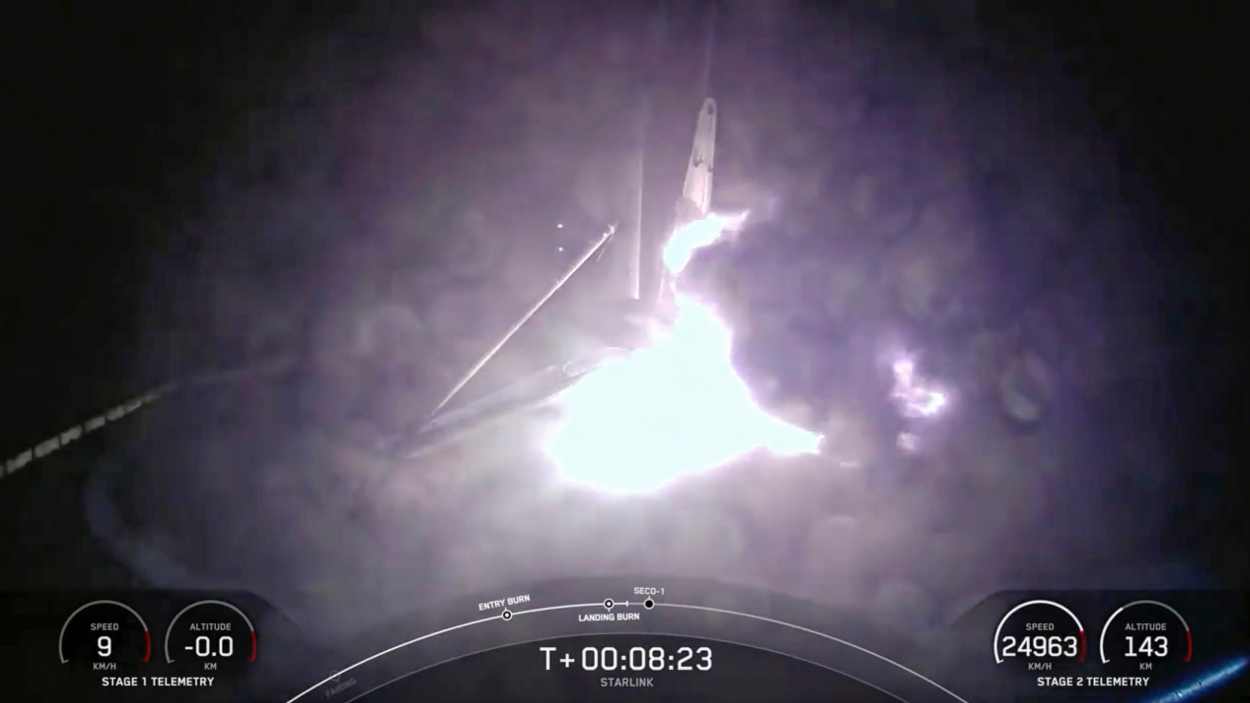 This image created from a SpaceX video, shows the moment when the SpaceX Falcon 9 rocket's first-stage fell over in flames after landing on an ocean platform offshore, Wednesday, Aug. 28, 2024, in the Atlantic Ocean. (SpaceX via AP)