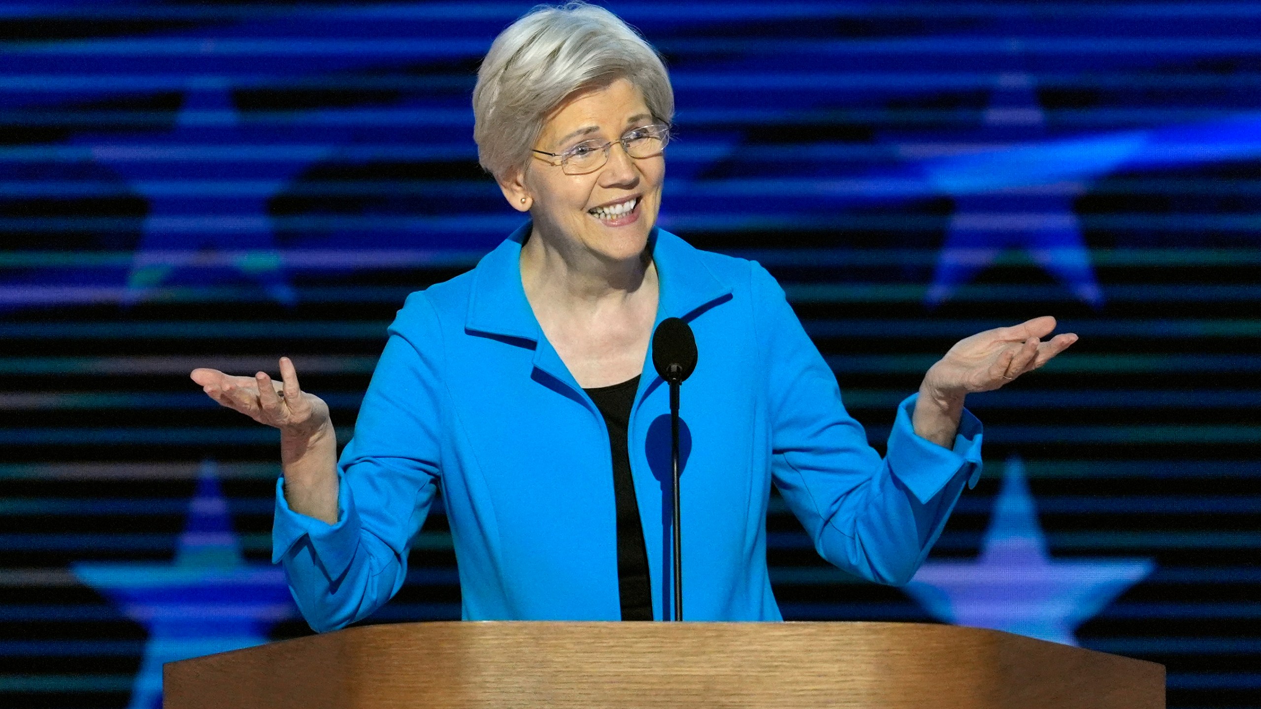 Sen. Elizabeth Warren, D-Mass., speaks during the Democratic National Convention Thursday, Aug. 22, 2024, in Chicago. (AP Photo/J. Scott Applewhite)