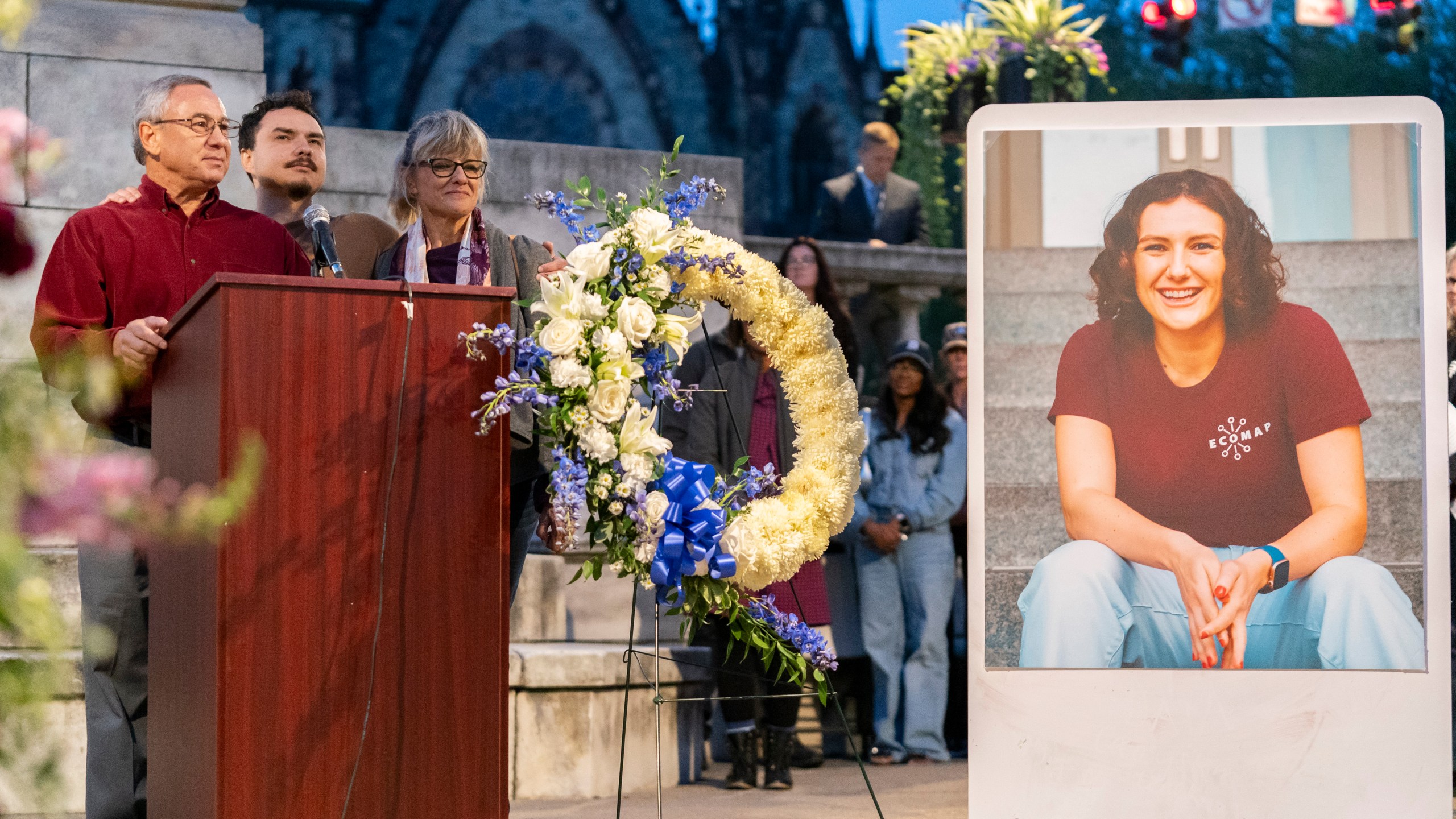 FILE - Frank LaPere, Nico LaPere and Caroline Frank, the family of Pava LaPere, founder of tech startup EcoMap Technologies, speak during a vigil on Wednesday, Sept. 27, 2023, in Baltimore. (AP Photo/Stephanie Scarbrough, File)