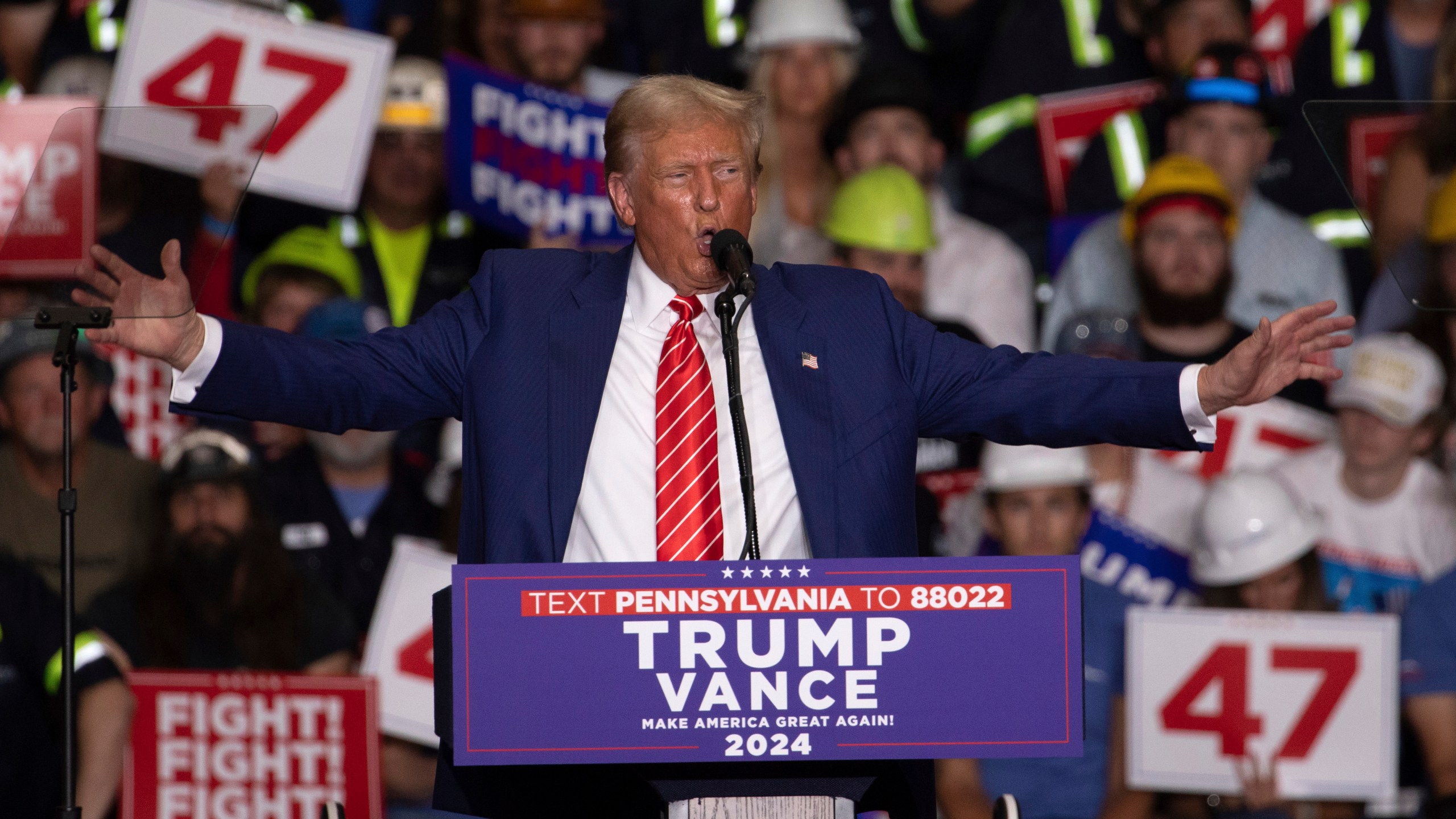 Republican presidential nominee former President Donald Trump speaks during a rally at 1st Summit Arena at the Cambria County War Memorial, in Johnstown, Pa., Friday, Aug. 30, 2024. (AP Photo/Rebecca Droke)