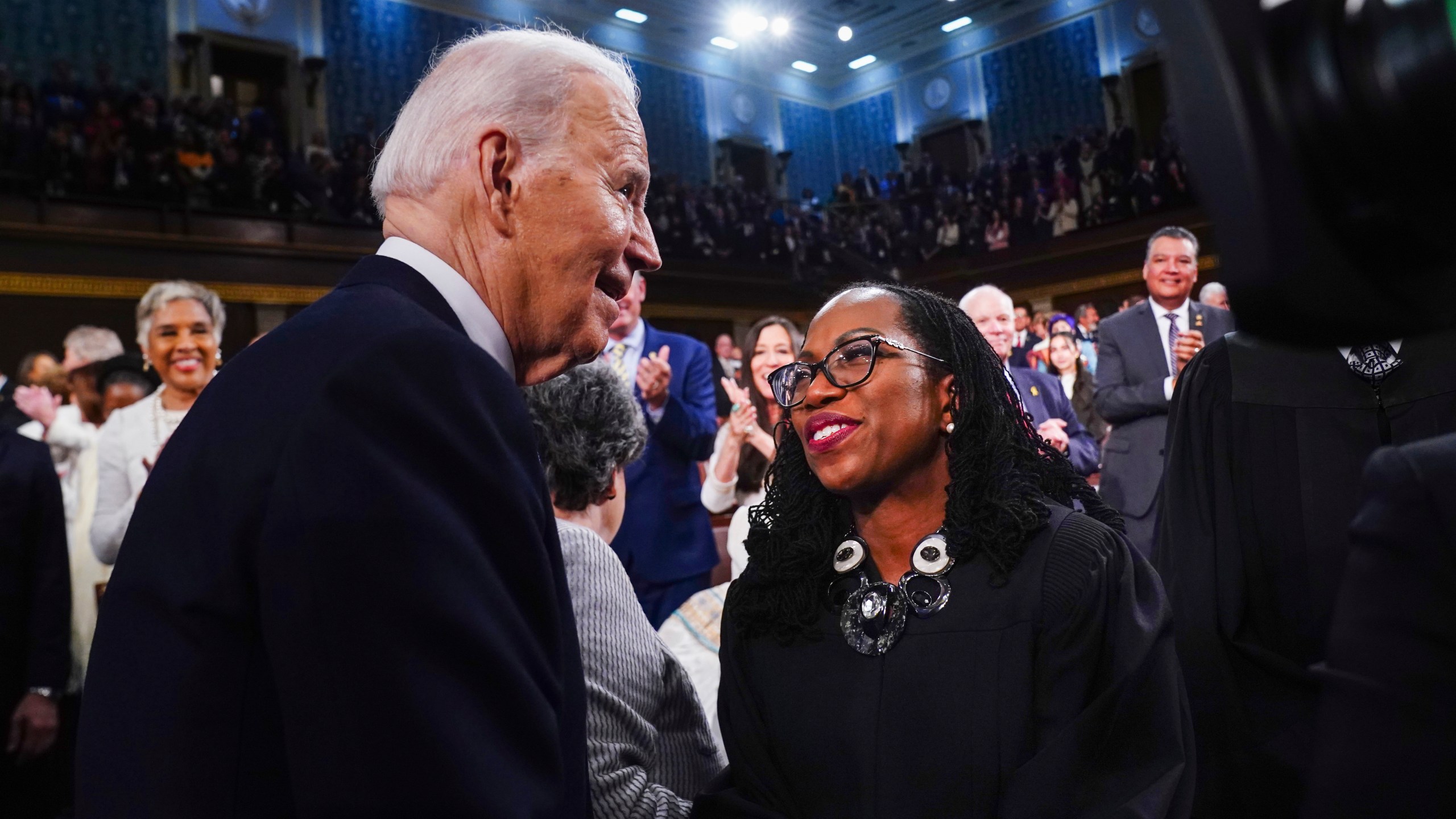 FILE - President Joe Biden, left, greets Justice Ketanji Brown Jackson as he arrives to deliver the State of the Union address to a joint session of Congress at the Capitol, March 7, 2024, in Washington. (Shawn Thew/Pool via AP, File)